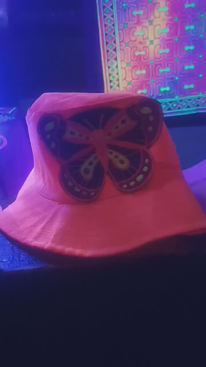 Butterfly Fisher Hat UV Orange blacklight glowing with embroidery patch psychedelic trance goatrance hippie fisherhat beautiful hippie hat