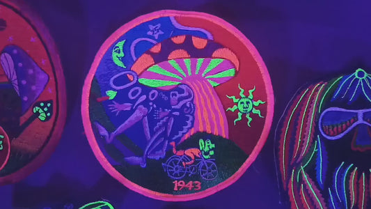 Bicycle Day Magic Mushroom UV blacklight Patch LSD psychedelic skeleton