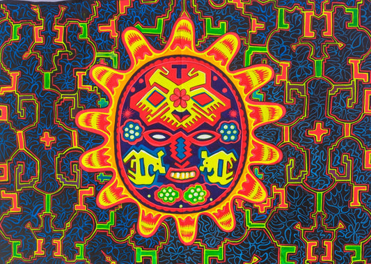 Huichol Shaman Peyote Sun Mask UV Painting - 90x60cm - handmade on order - fully blacklight glowing colors - peyote visionary artwork