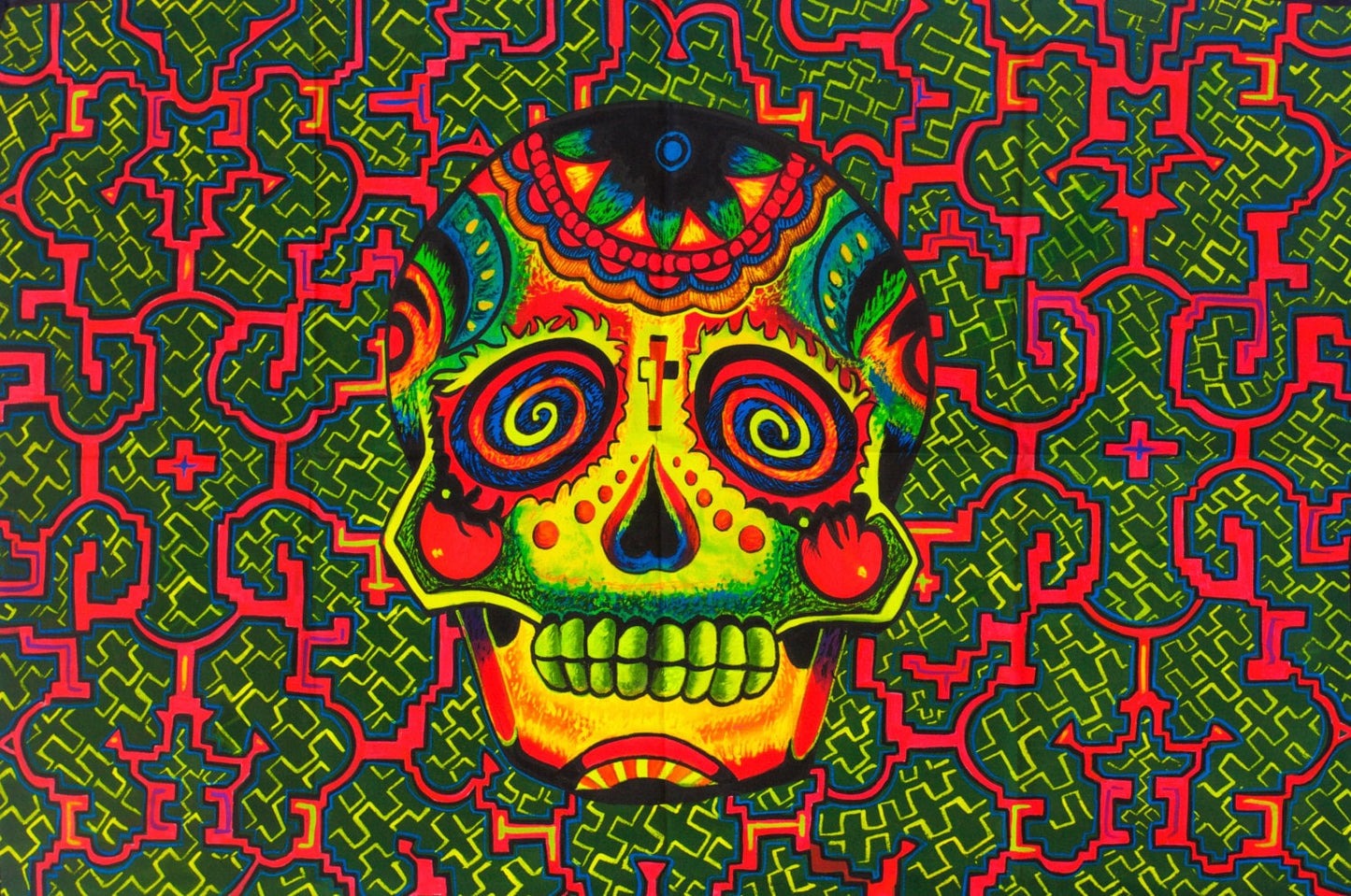 Psychedelic Skull UV Painting - 90x60cm - handmade on order - fully blacklight glowing colors - grateful dead artwork