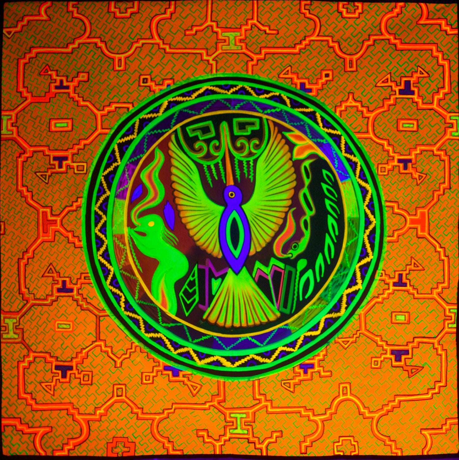 Huichol Eagle visionary art - fully blacklight glowing colors - psychedelic UV painting shipibo conibo yage artwork