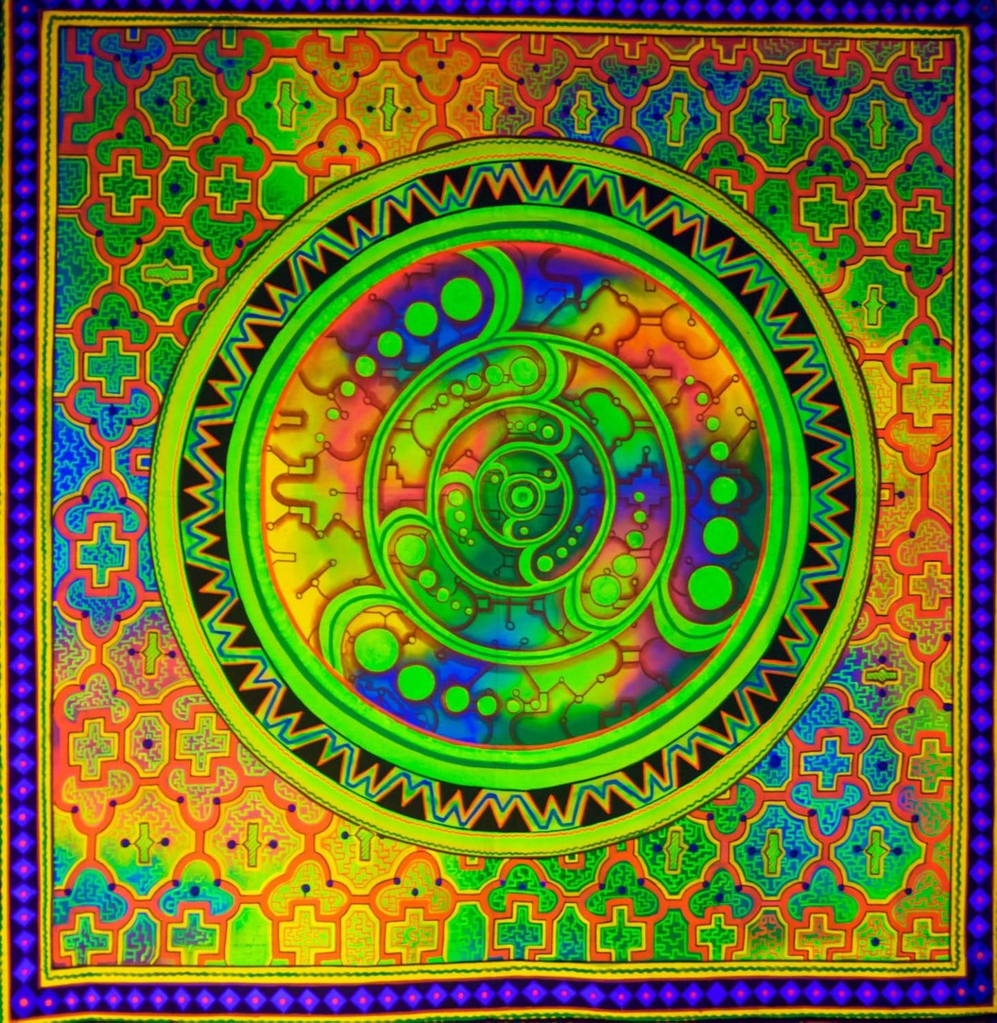 Crop Circle Ayahuasca UV painting big size - 1.5mx1.5m - fully blacklight glowing colors - psychedelic crop circle shipibo art