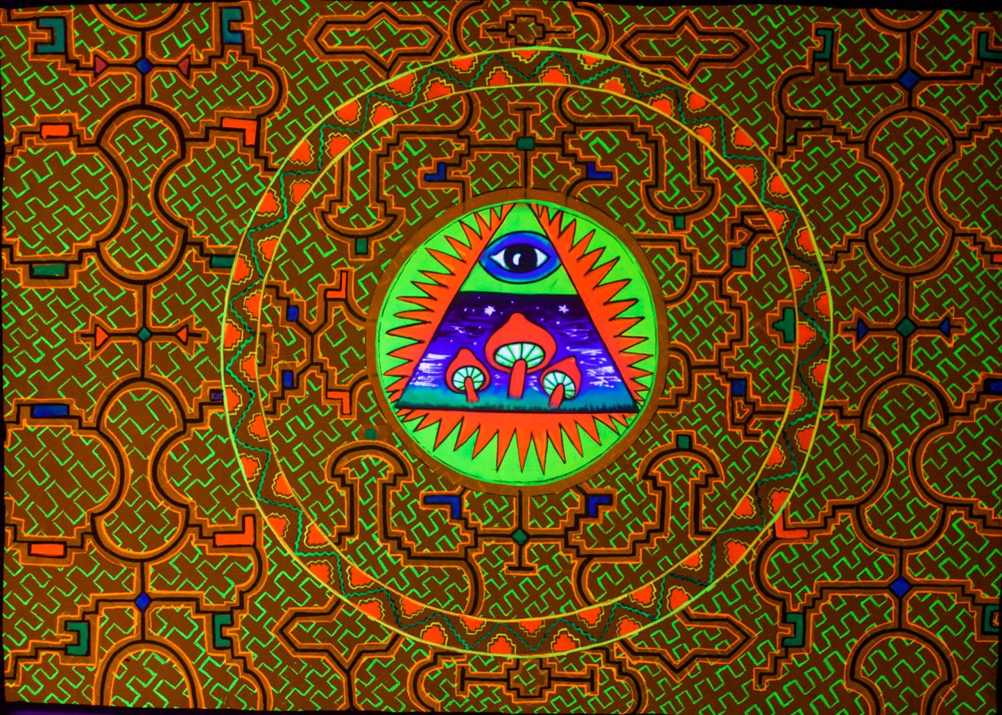 Magic Illuminati Shroom Painting - 90x60cm - handmade on order - fully blacklight glowing colors - psychedelic psilocybin visionary artwork