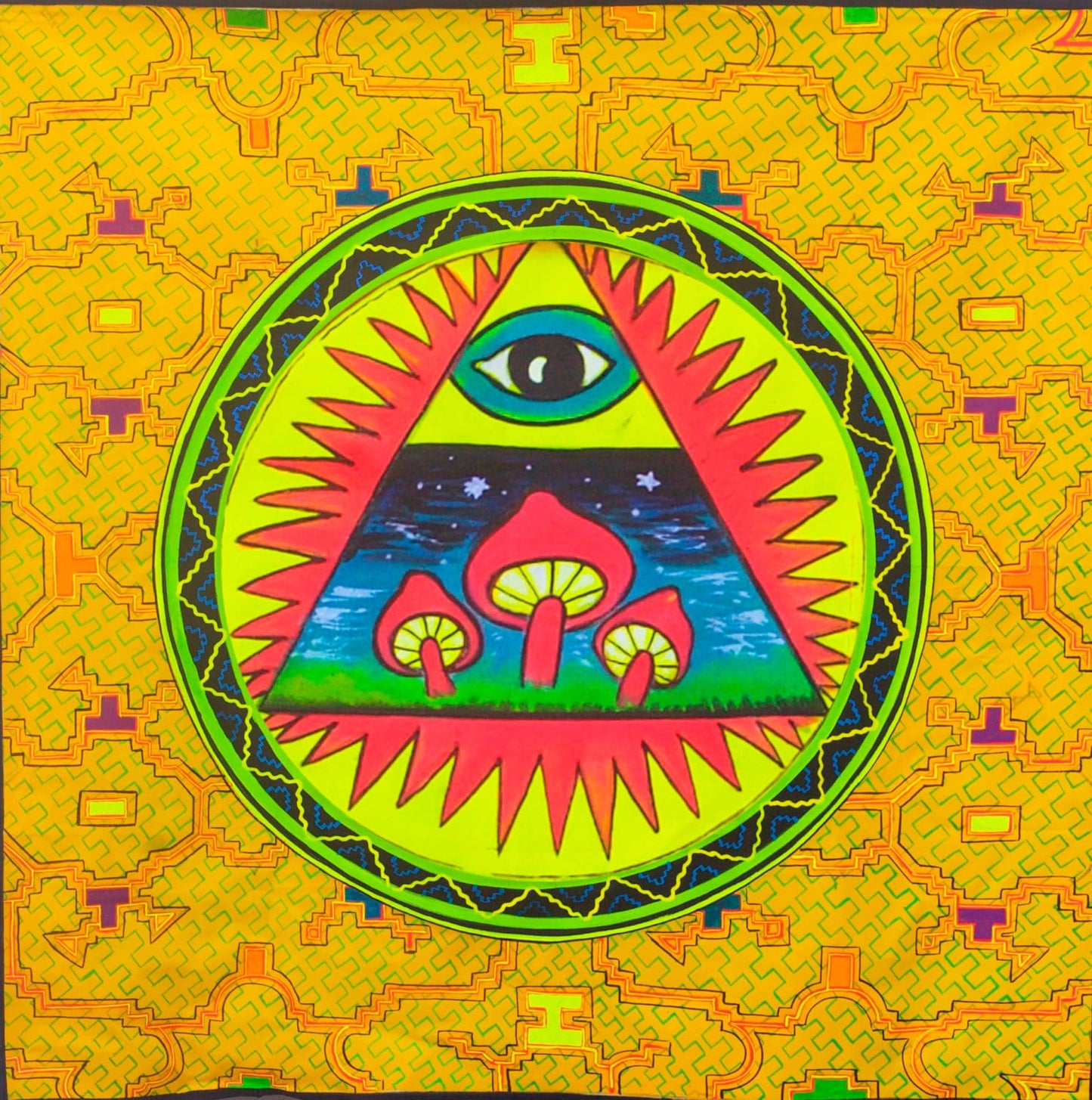 Illuminatihuasca - fully blacklight glowing painting - psychedelic UV shipibo conibo magic mushroom artwork