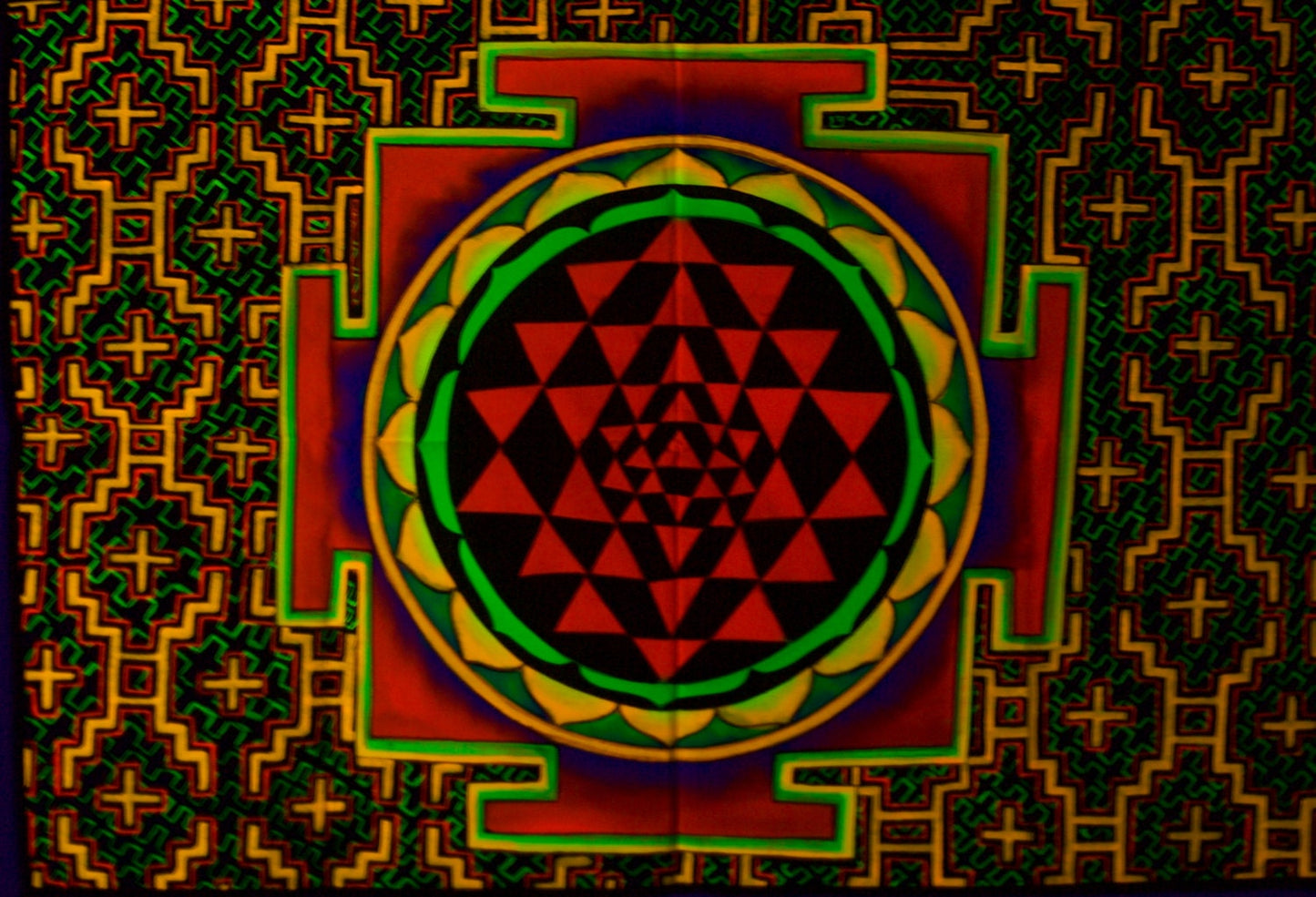 Shri Yantra UV Painting - 90x60cm - handmade on order - fully blacklight glowing colors - sacred geometry artwork