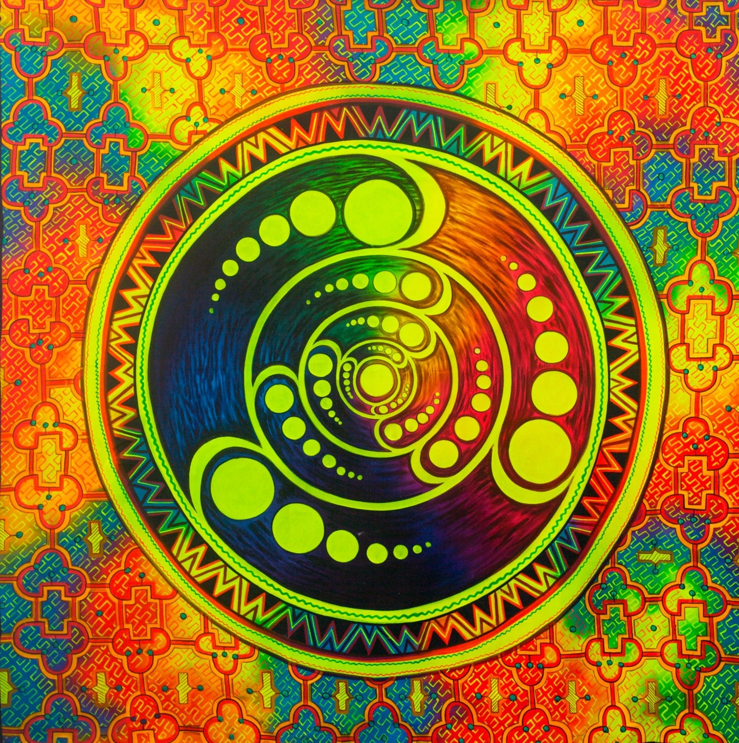 Crop Circle Shipibo UV painting big size - 1.5mx1.5m - fully blacklight glowing colors - psychedelic crop circle shipibo art