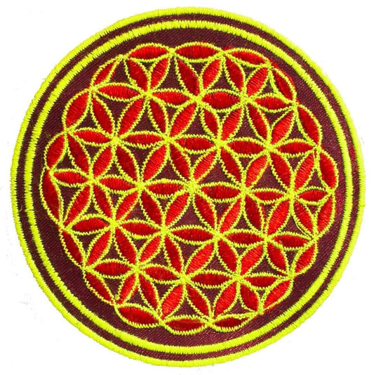 red flower of life patch small size embroidery application for sew on with blacklight glowing lines