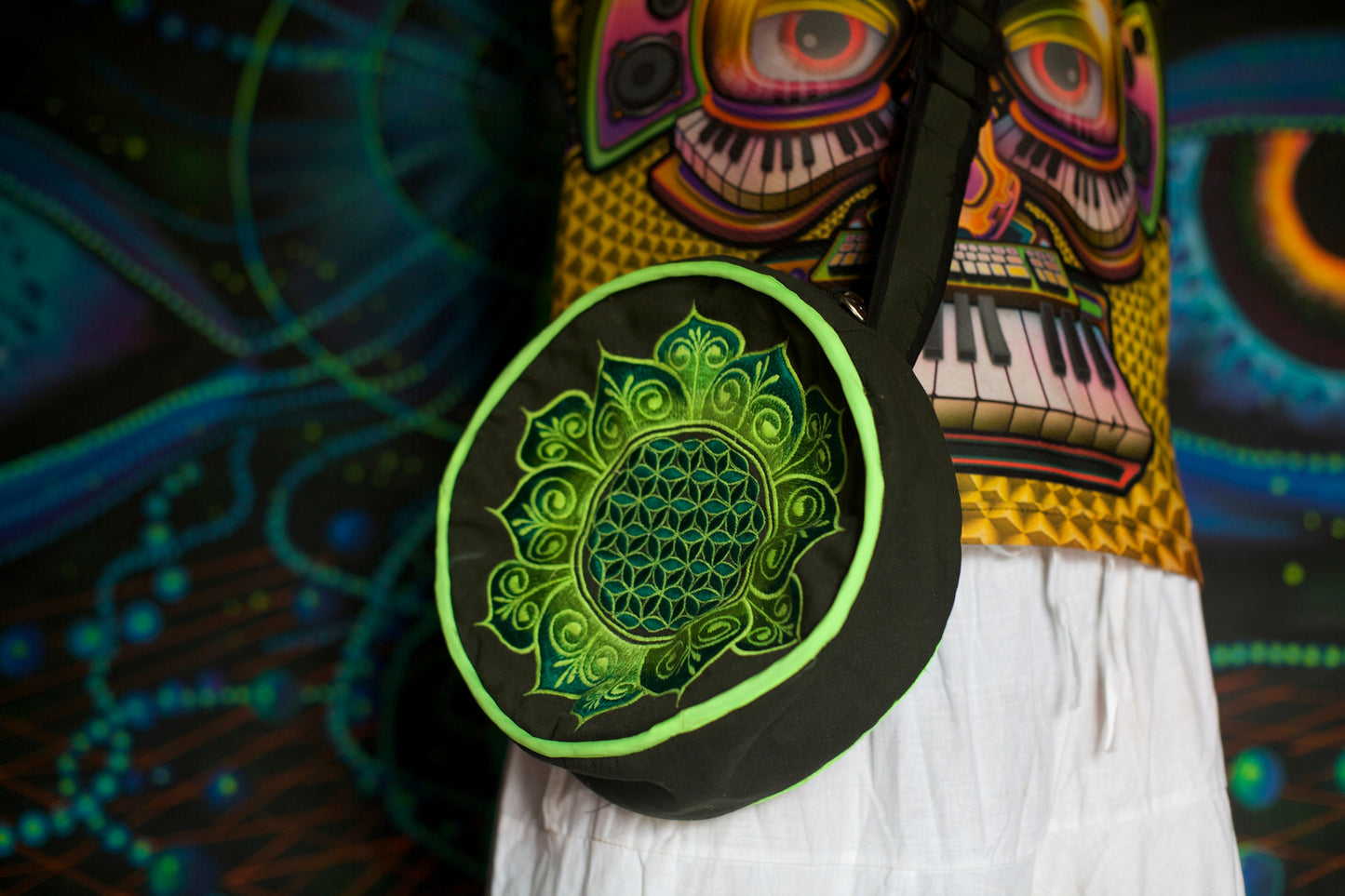 Flower of Life round shoulder bag handbag blacklight glowing sacred geometry