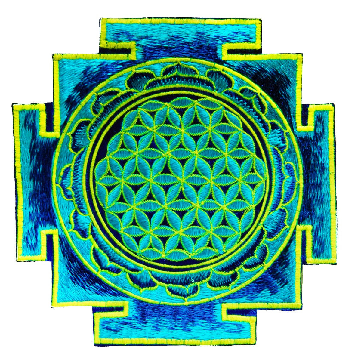 Blue UV Orange yantra flower of life sacred geometry goa patch holy healing information