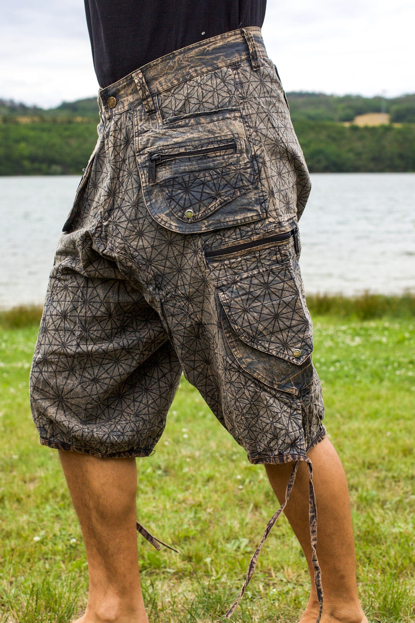 Asanoha Hemp pattern Pants - 2 in 1 Flower of Life shorts and long pants - 9 pockets handmade sacred cannabis geometry clamdiggers