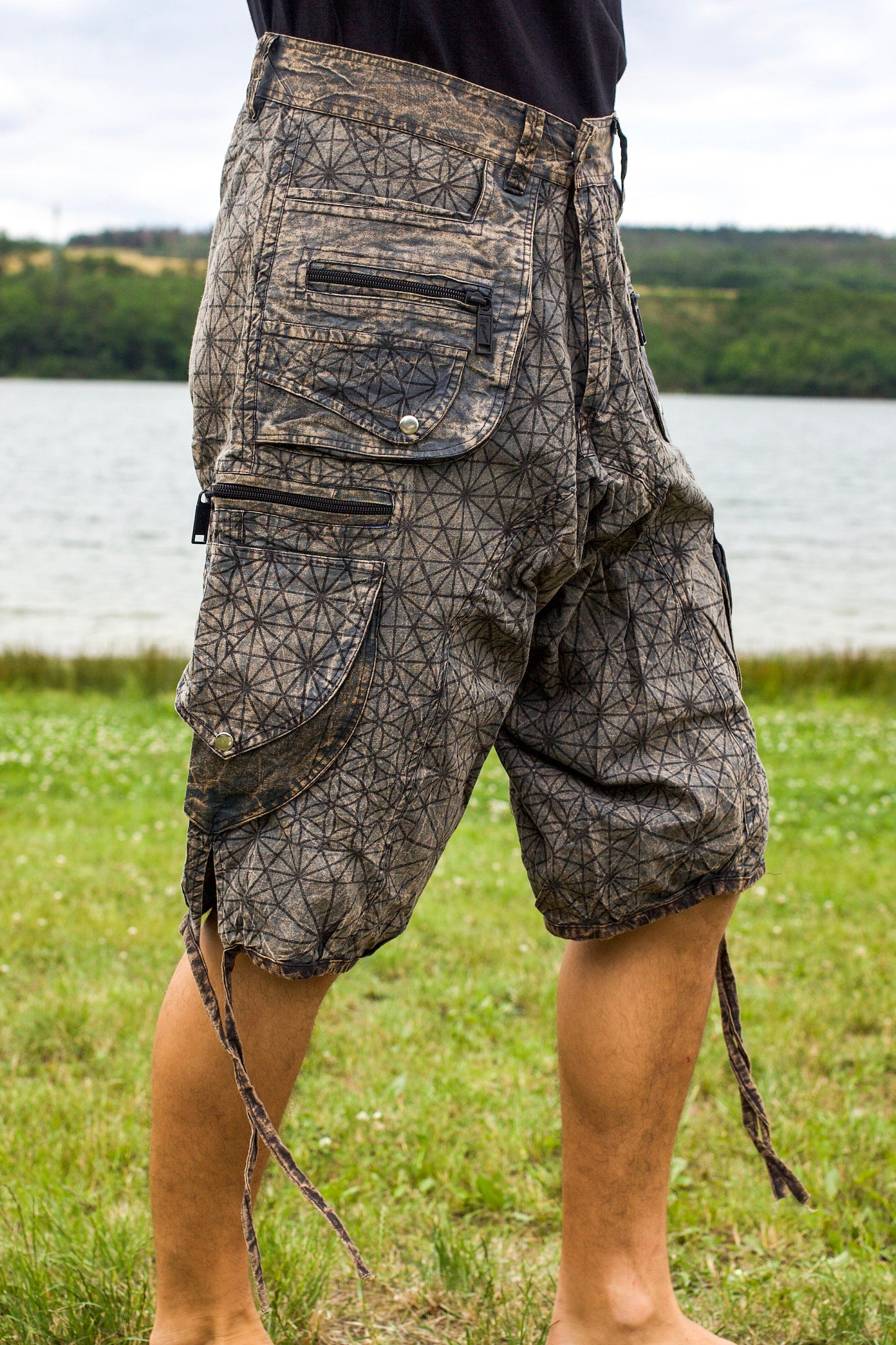 Asanoha Hemp pattern Pants - 2 in 1 Flower of Life shorts and long pants - 9 pockets handmade sacred cannabis geometry clamdiggers