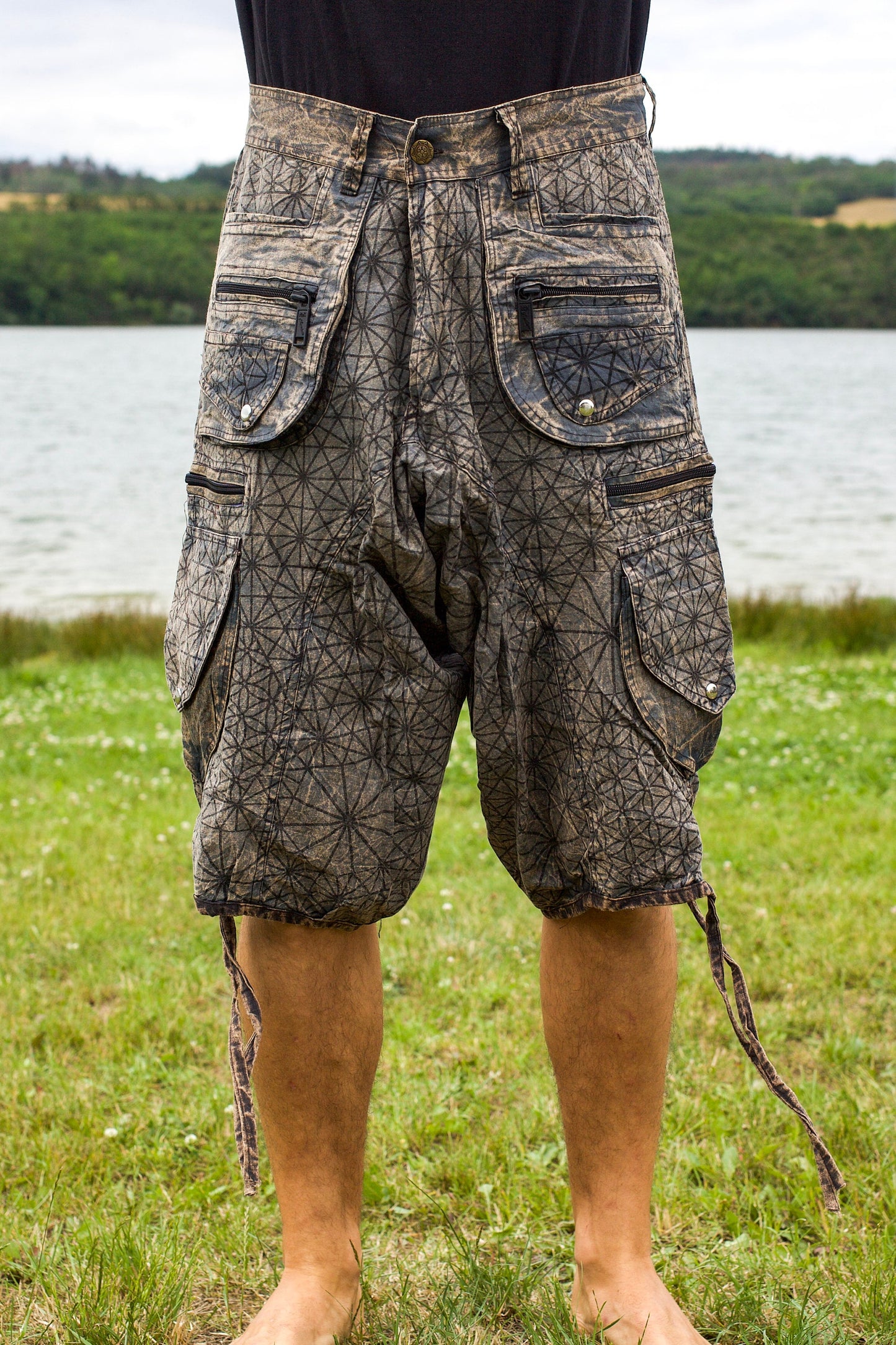 Asanoha Hemp pattern Pants - 2 in 1 Flower of Life shorts and long pants - 9 pockets handmade sacred cannabis geometry clamdiggers