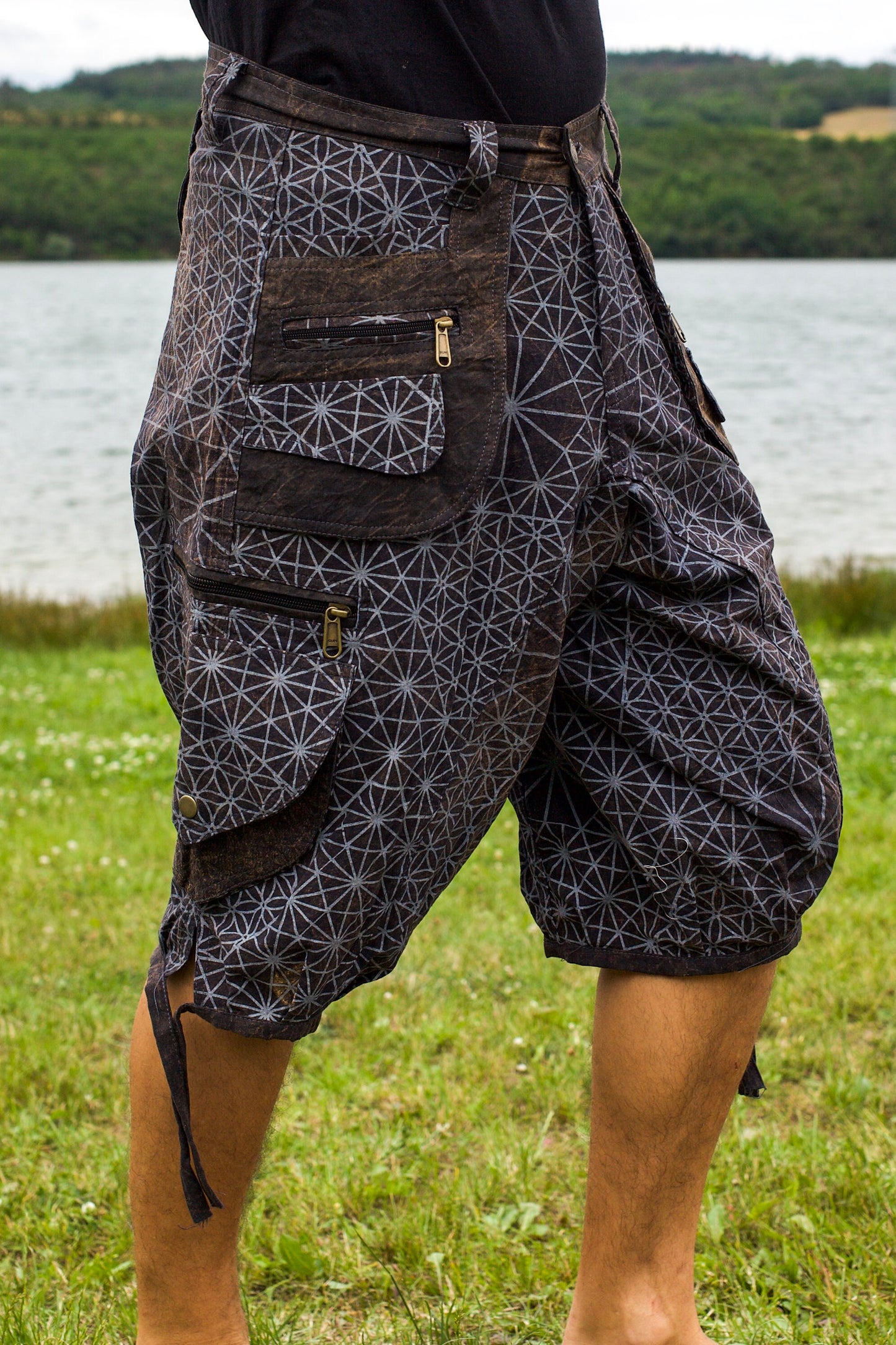 Asanoha Pants - 2 in 1 shorts and long pants - 9 pockets handmade sacred psychedelic cannabis japonese hemp geometry comfortable clamdiggers