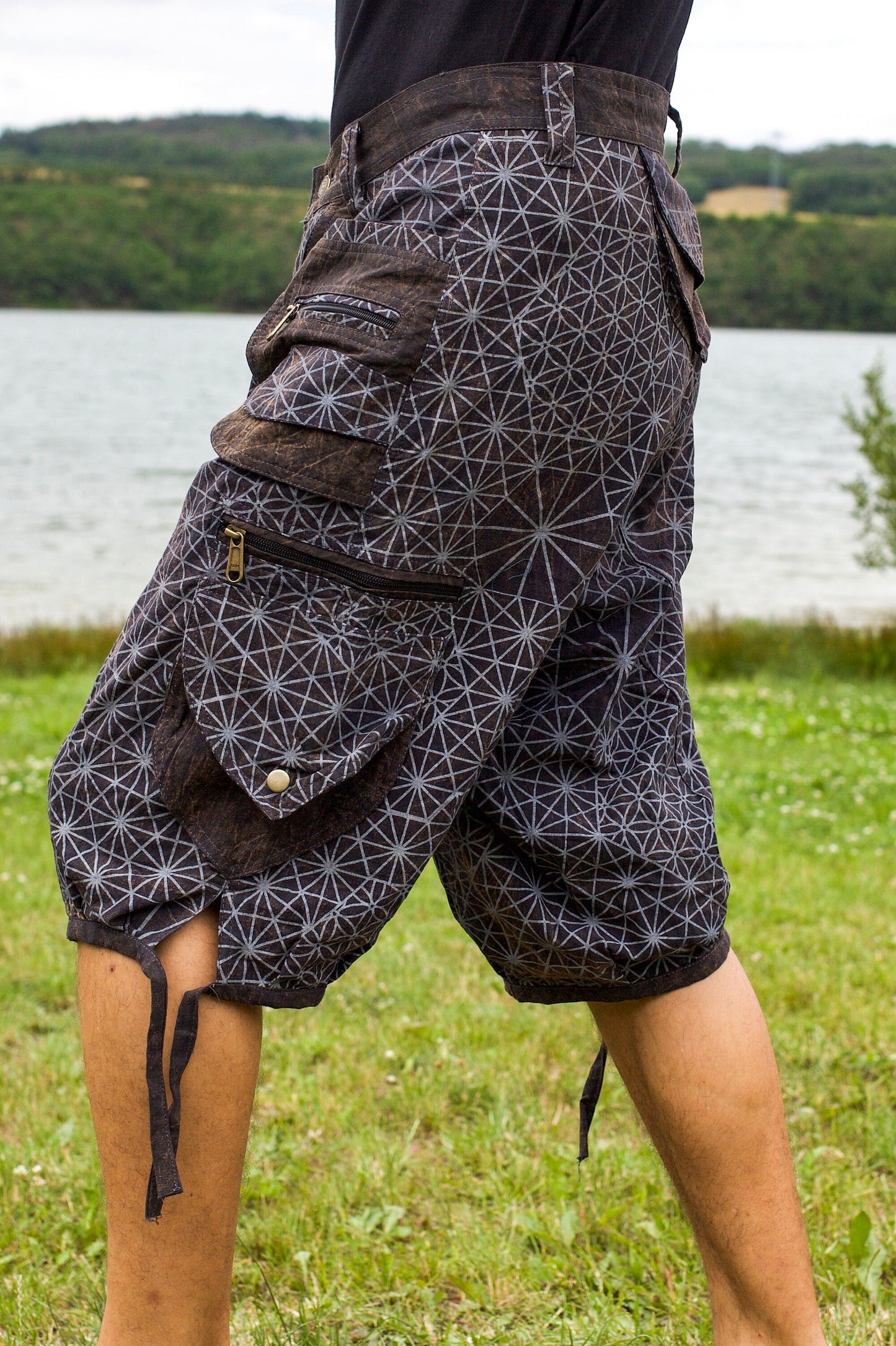 Asanoha Pants - 2 in 1 shorts and long pants - 9 pockets handmade sacred psychedelic cannabis japonese hemp geometry comfortable clamdiggers