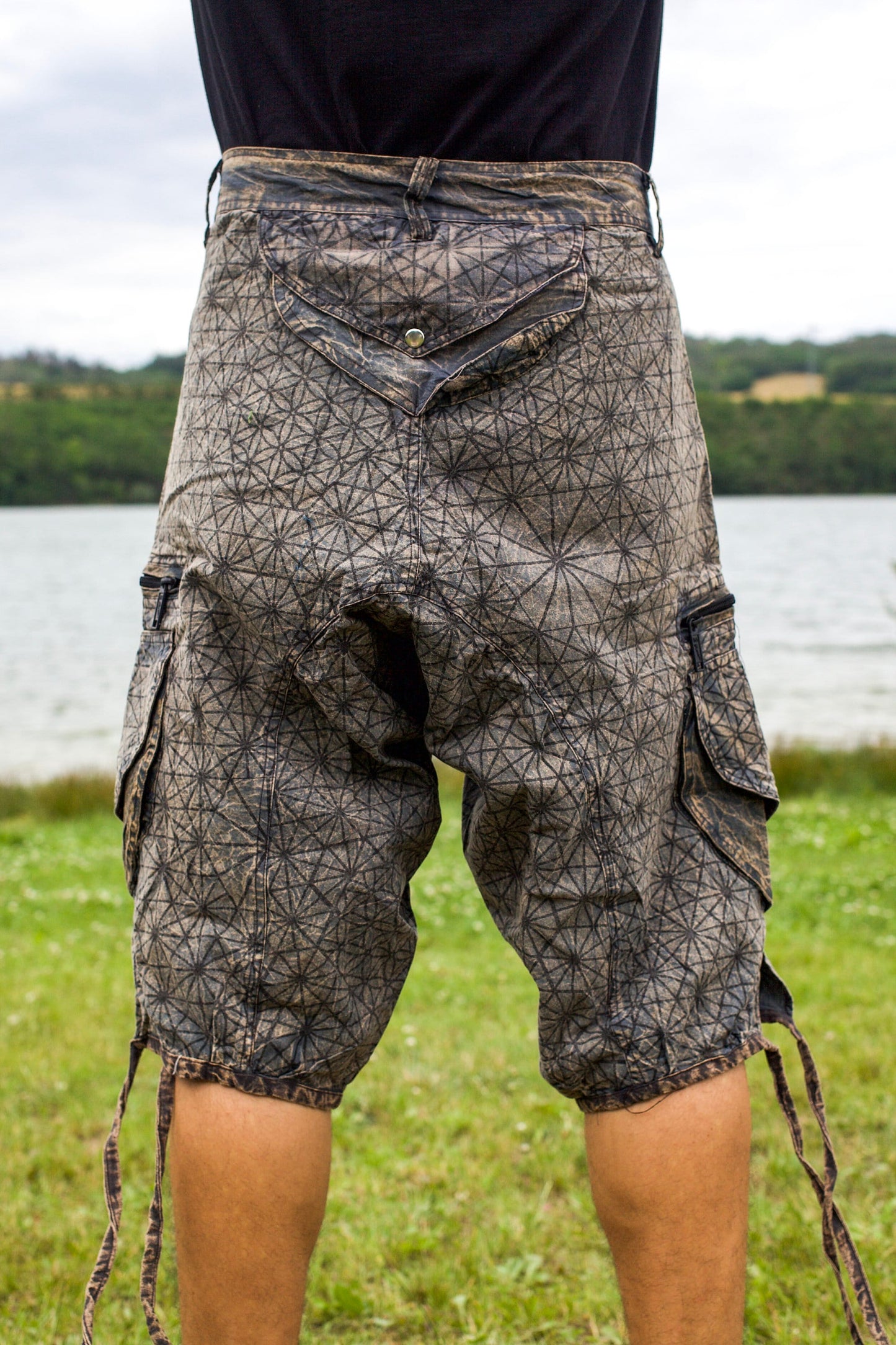 Asanoha Hemp pattern Pants - 2 in 1 Flower of Life shorts and long pants - 9 pockets handmade sacred cannabis geometry clamdiggers