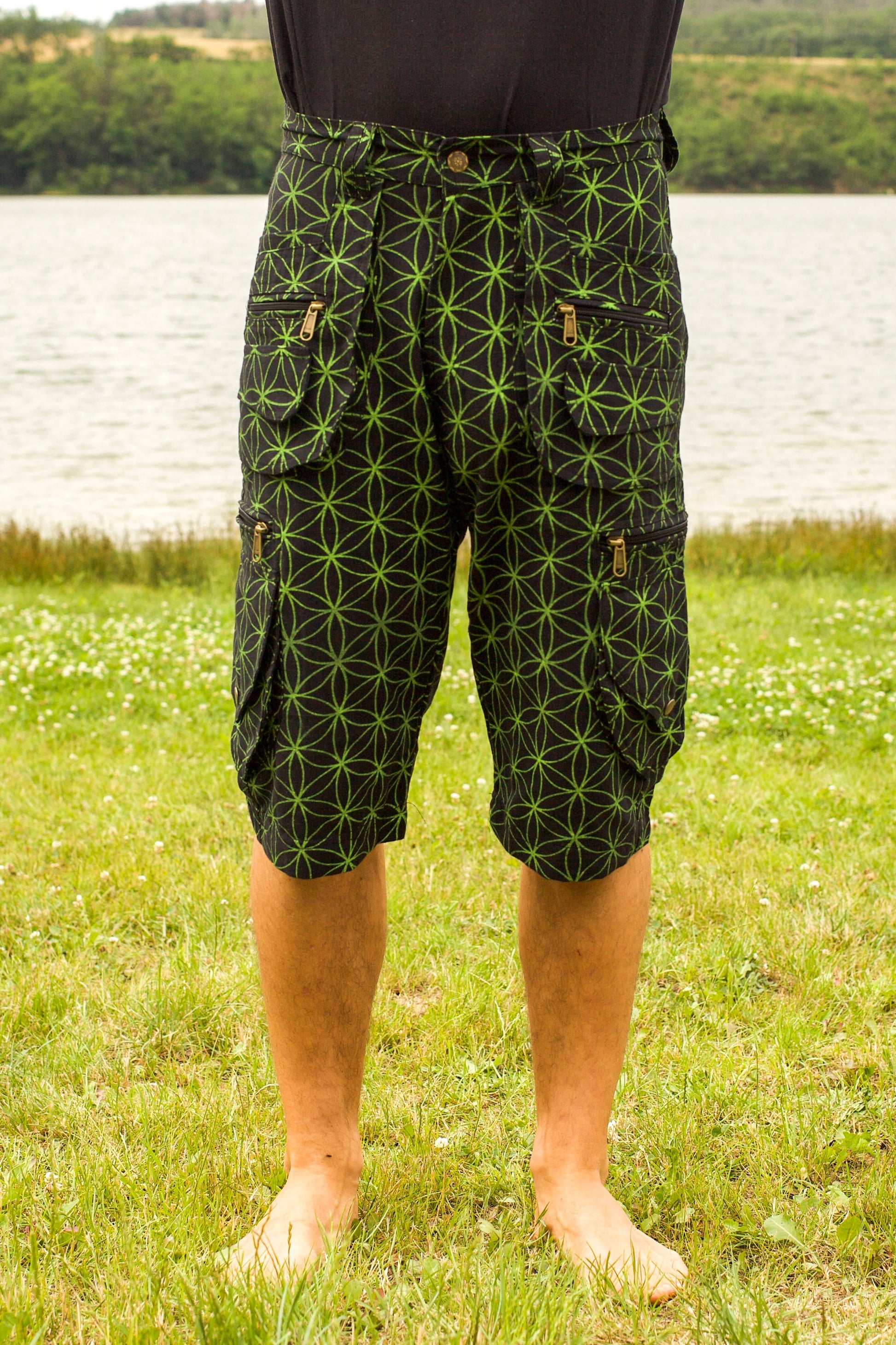 green Flower of Life Pants with many pockets - intelligent 2 in 1 shorts or long pants - handmade comfortable sacred geometry pattern