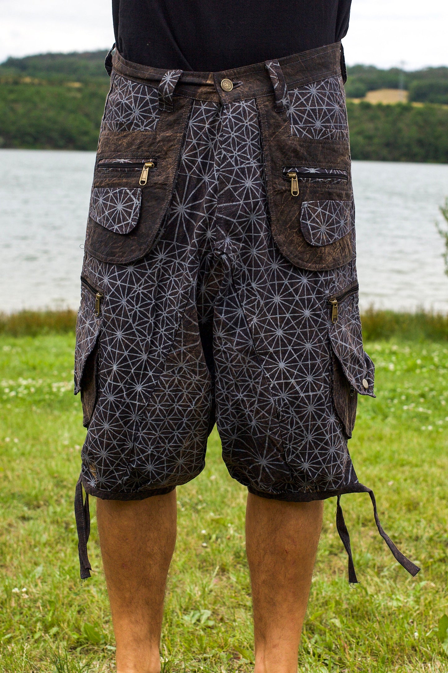 Asanoha Pants - 2 in 1 shorts and long pants - 9 pockets handmade sacred psychedelic cannabis japonese hemp geometry comfortable clamdiggers