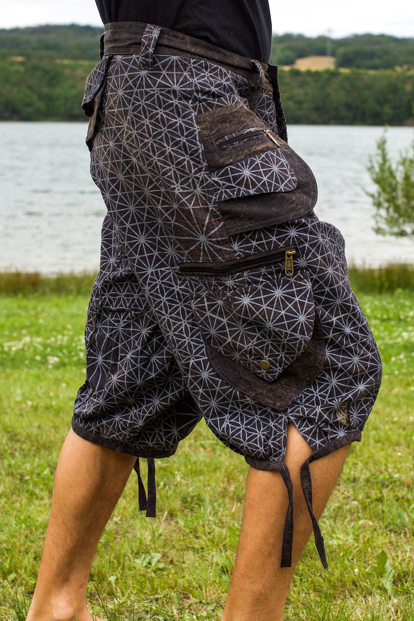 Asanoha Pants - 2 in 1 shorts and long pants - 9 pockets handmade sacred psychedelic cannabis japonese hemp geometry comfortable clamdiggers