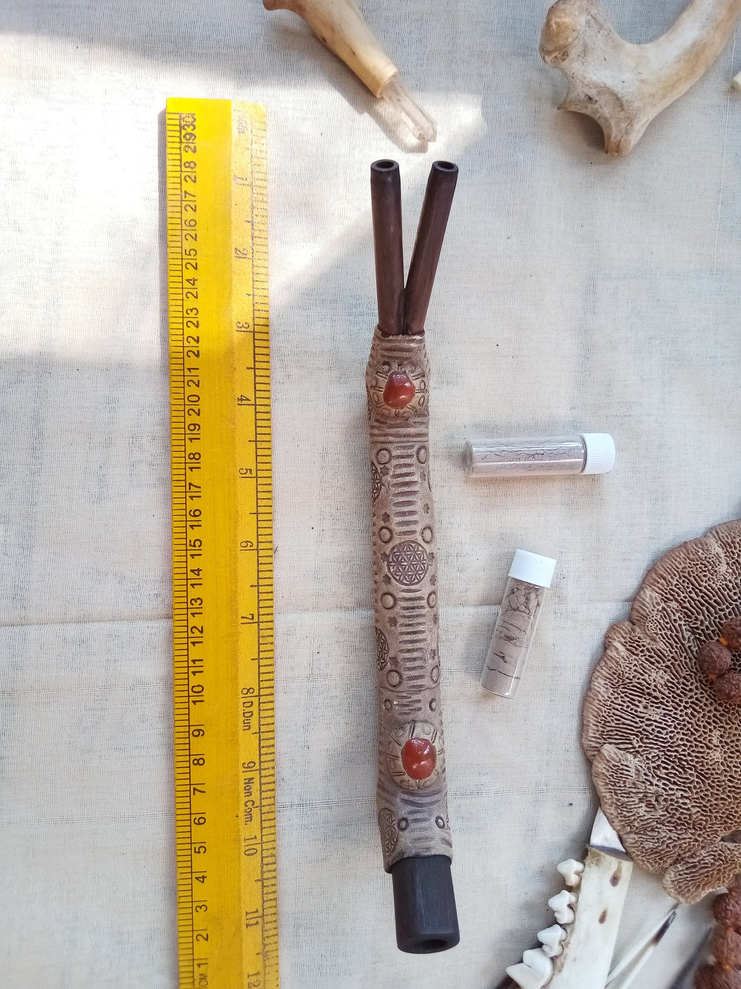 Double Tepi Rapè applicator - Traditionally used in Ayahuasca or Kambo ceremonies - handmade bamboo pipe with red jasper gem crystal