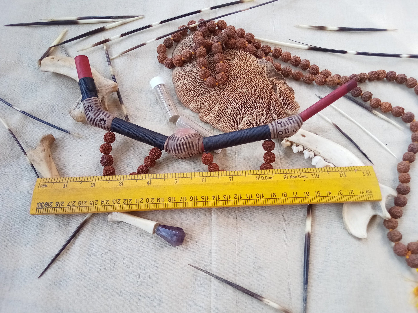 Tepi Rapè applicator - Traditionally used in Ayahuasca or Kambo ceremonies - handmade bamboo pipe with rose quartz gem and shiva rudrakshs