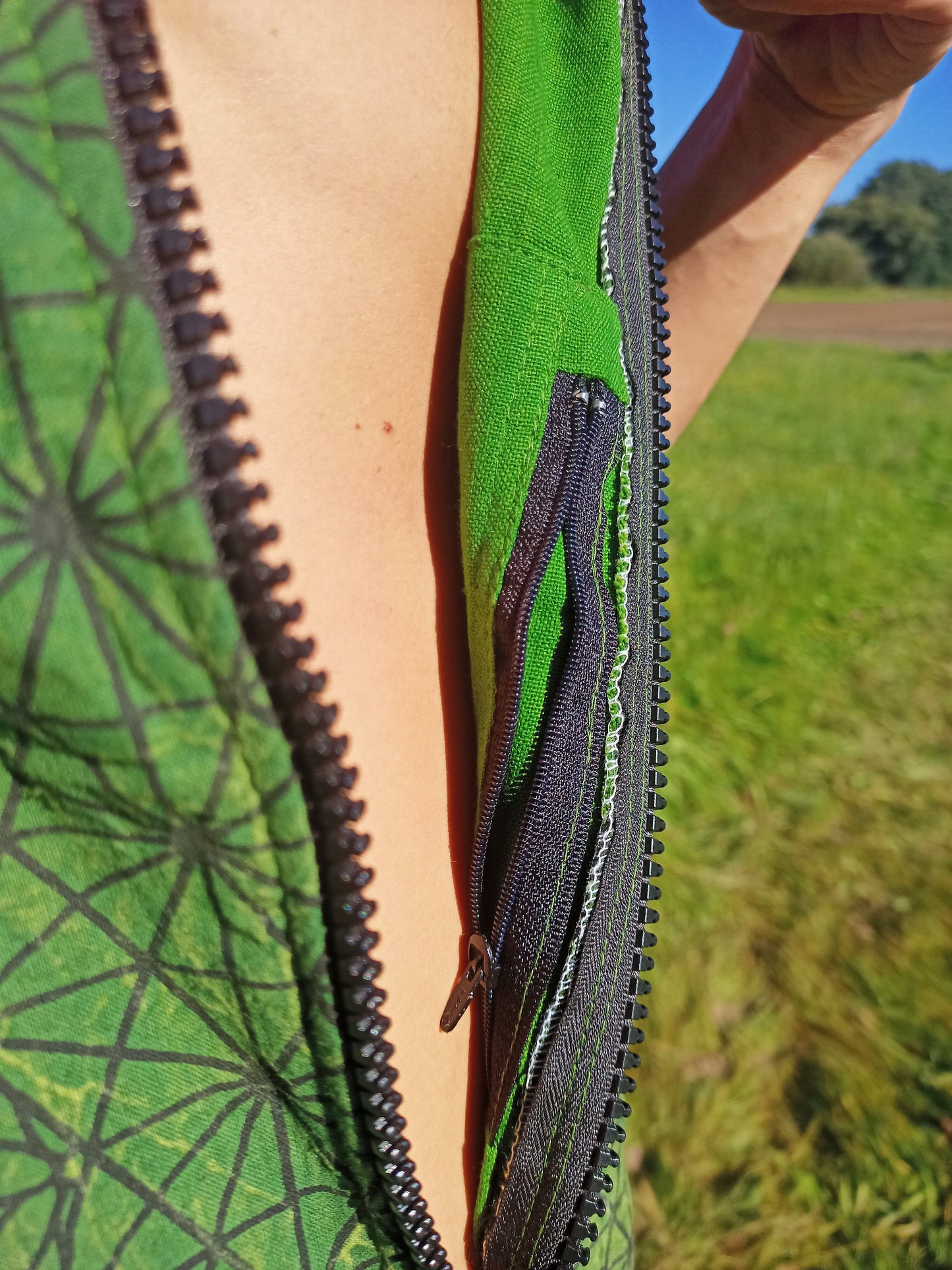 Green Beautiful Asanoha Jacket - handmade in your size on order - with secret zip lock inside pocket Goa Trance Hemp Pattern sacred geometry