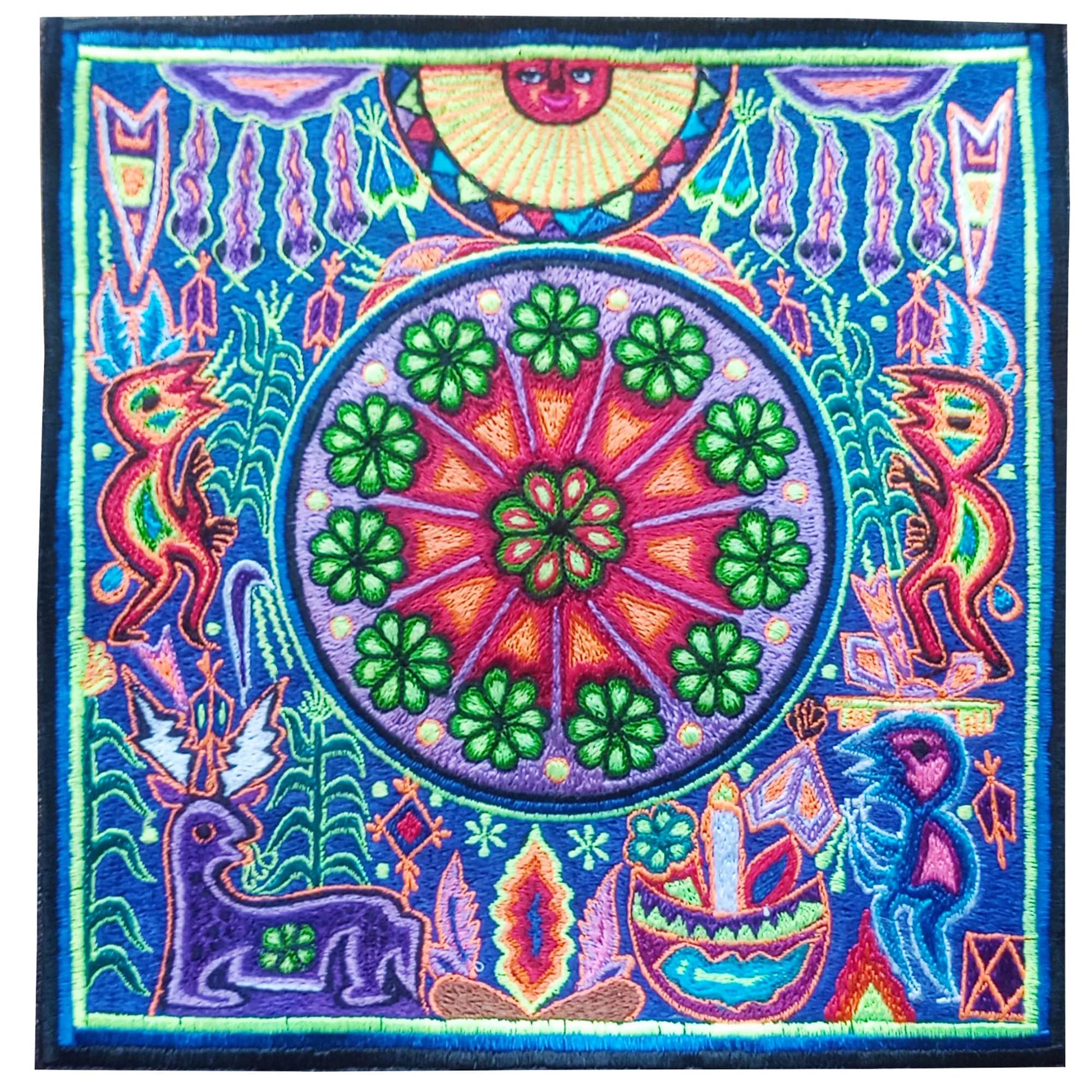 Huichol Peyote Ceremony embroidery art magic cactus artwork mescaline blacklight glowing psychedelic indigene decoration UV active glowing