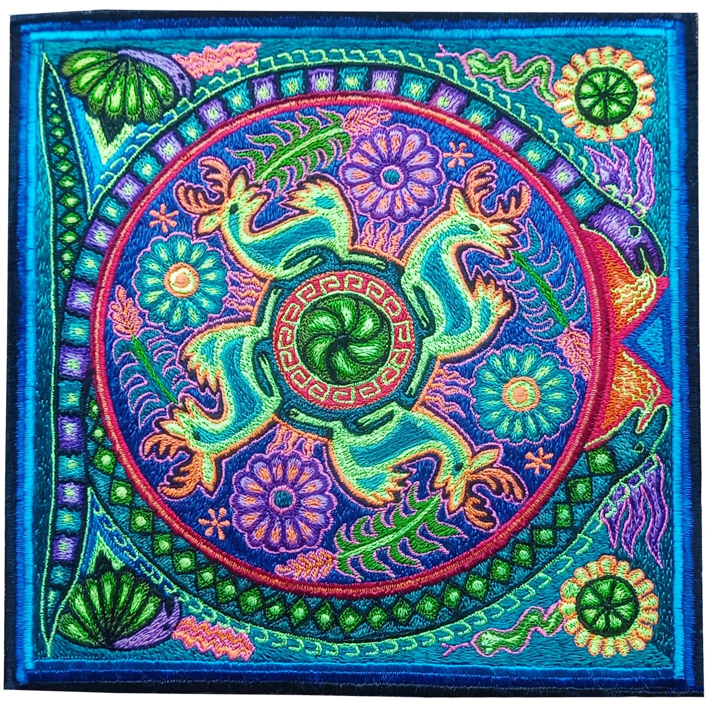 Huichol Dancing Deers peyote embroidery art shaman artwork mescaline blacklight glowing magic cactus deer indigene decoration