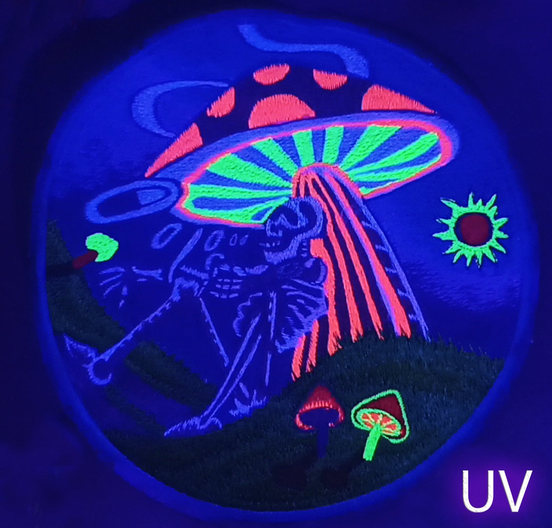 Mushroom Skeleton blacklight UV Patch psychedelic embroidery LSD skull magic mushrooms psilos psilocybin Grateful Spirit of the Dead