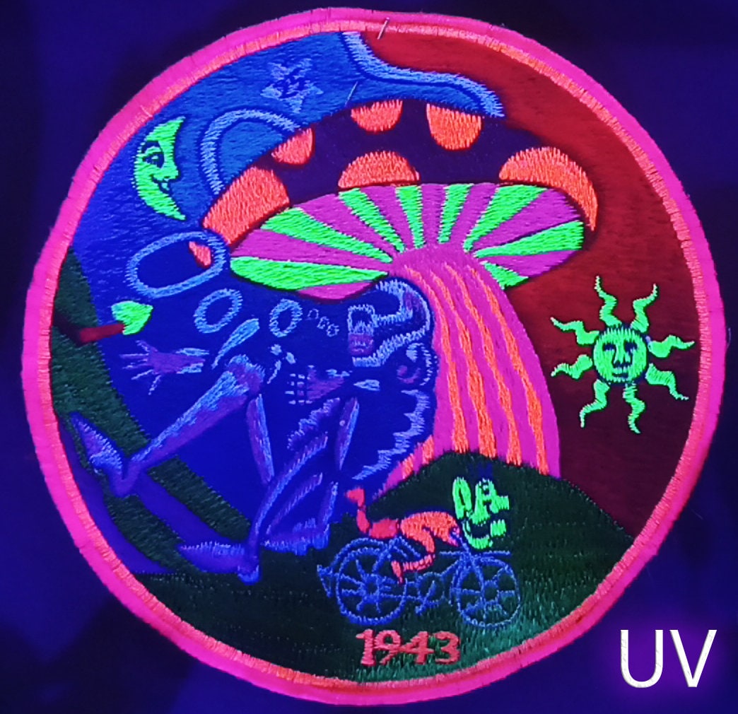 Bicycle Day Magic Mushroom UV blacklight Patch LSD psychedelic skeleton