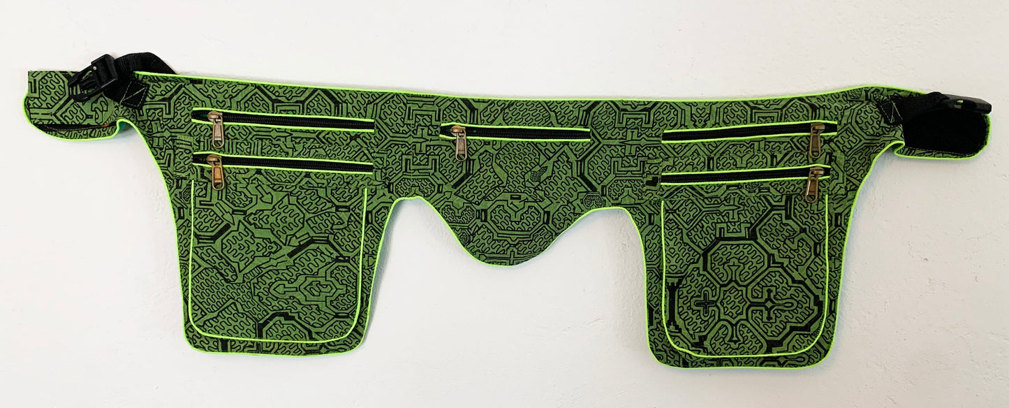 Ayahuasca Beltbag - 7 pockets, strong ziplocks, size adjustable with hook & loop and clip - yellow blacklight active lines