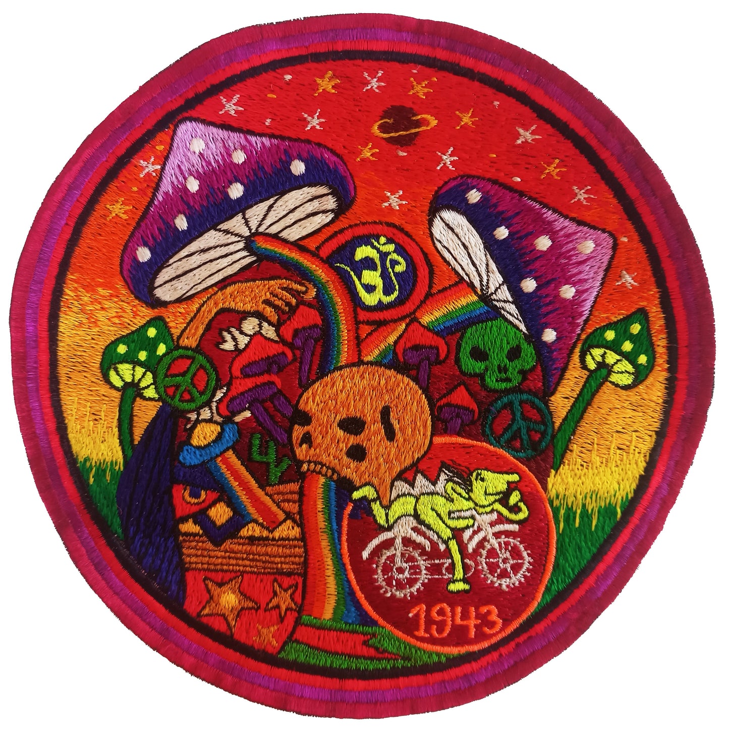 Bicycleday Rainbow Mushroom Skull blacklight embroidery psychedelic patch LSD psy skull magic mushrooms psilos psilocybin goa trance AUM