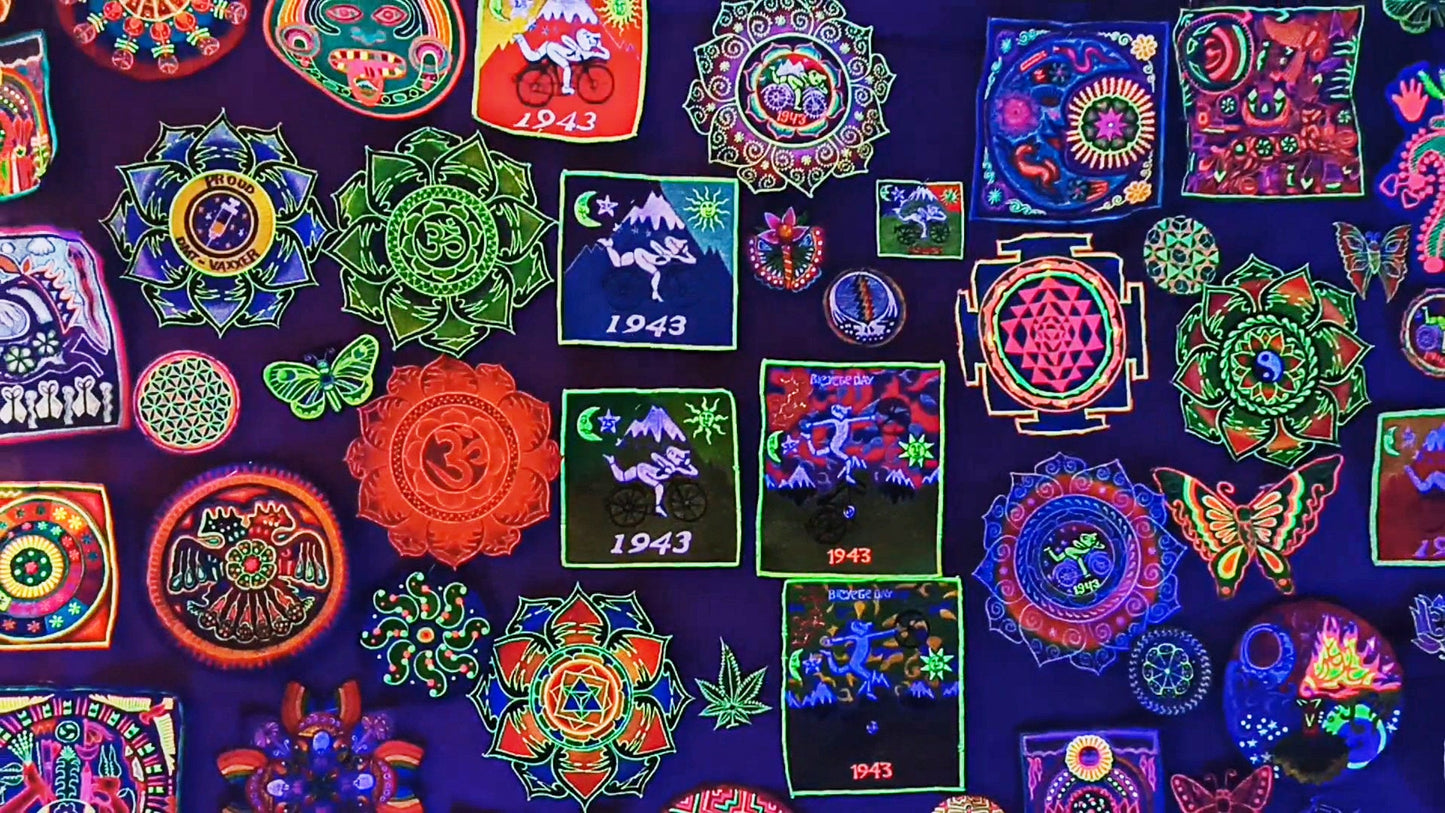 Blue Bicycle Day blacklight LSD Cult Patch Albert Hofmann 1943 Psychedelic Sunshine Acid Trip Hippie Visionary Drug Cosmic Healing Medicine