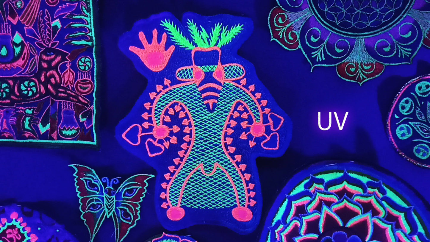 Magic Mushroom Shaman Tassili Patch Psychedelic Ancient Cavepainting Art 11000 years old design Blacklight Glowing embroidery Psilocybin Art