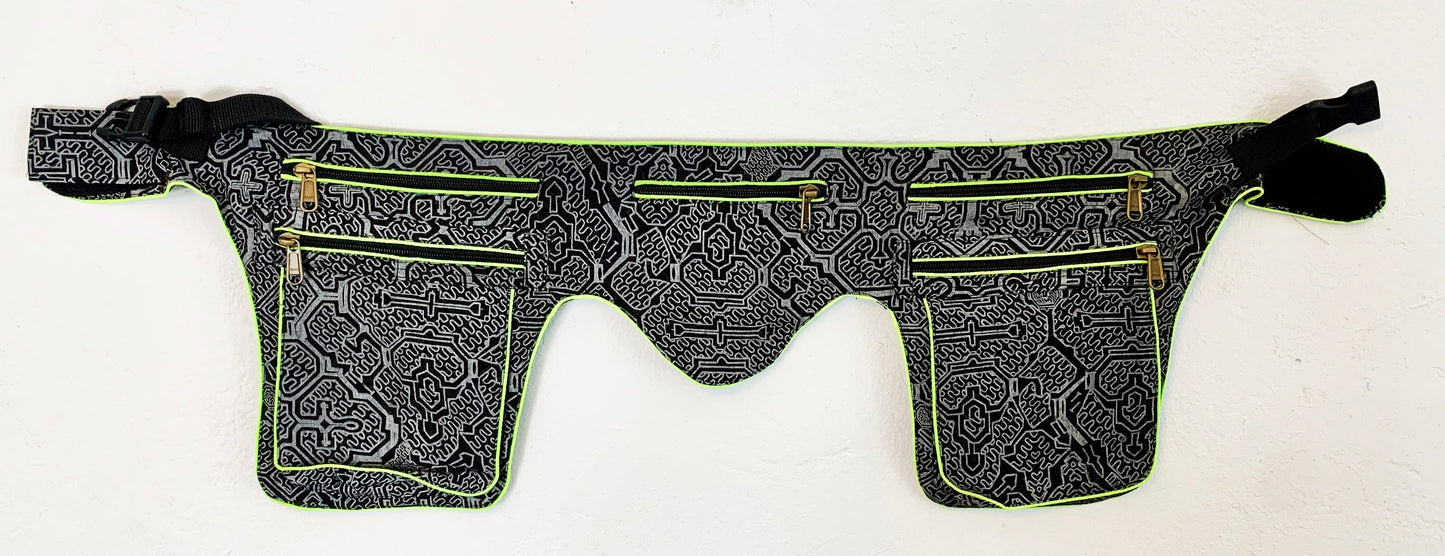 Ayahuasca Beltbag - 7 pockets, strong ziplocks, size adjustable with hook & loop and clip - yellow blacklight active lines