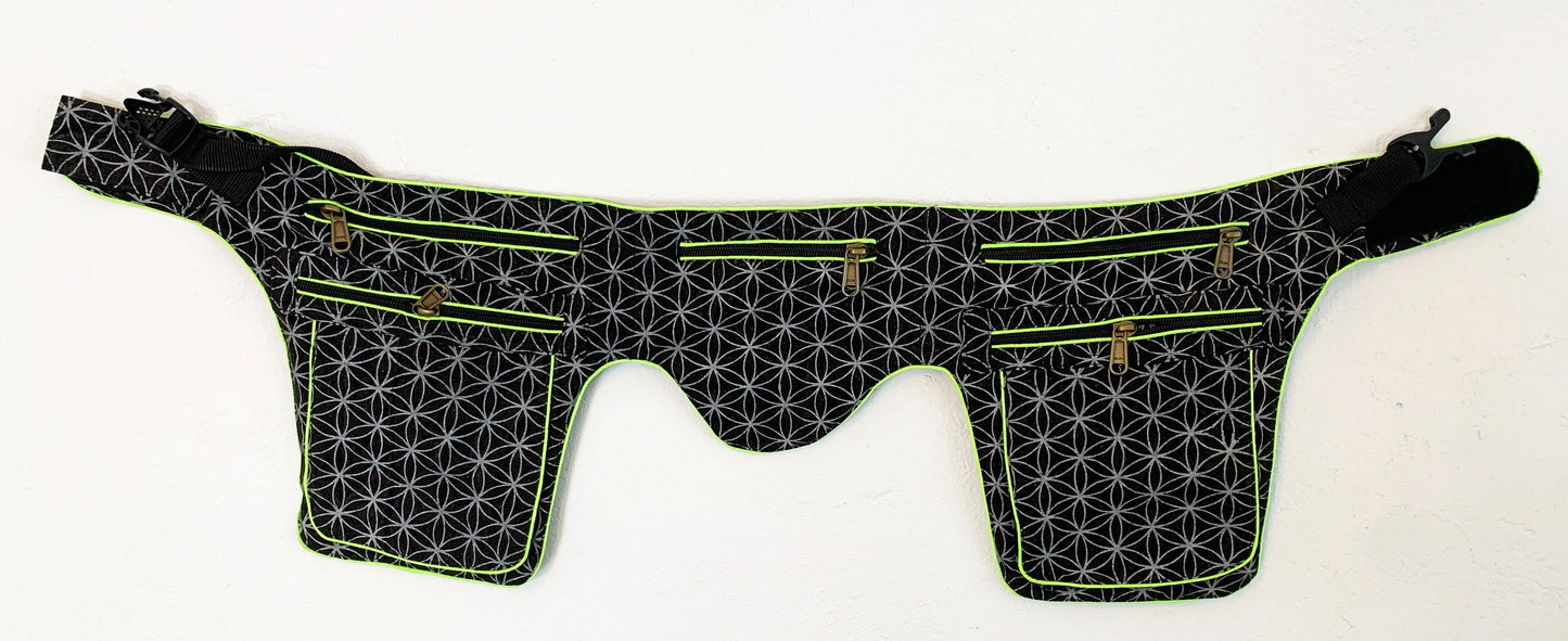 Flower of Life Beltbag - 7 pockets, strong ziplocks, size adjustable with hook & loop and clip - UV yellow blacklight active outlines