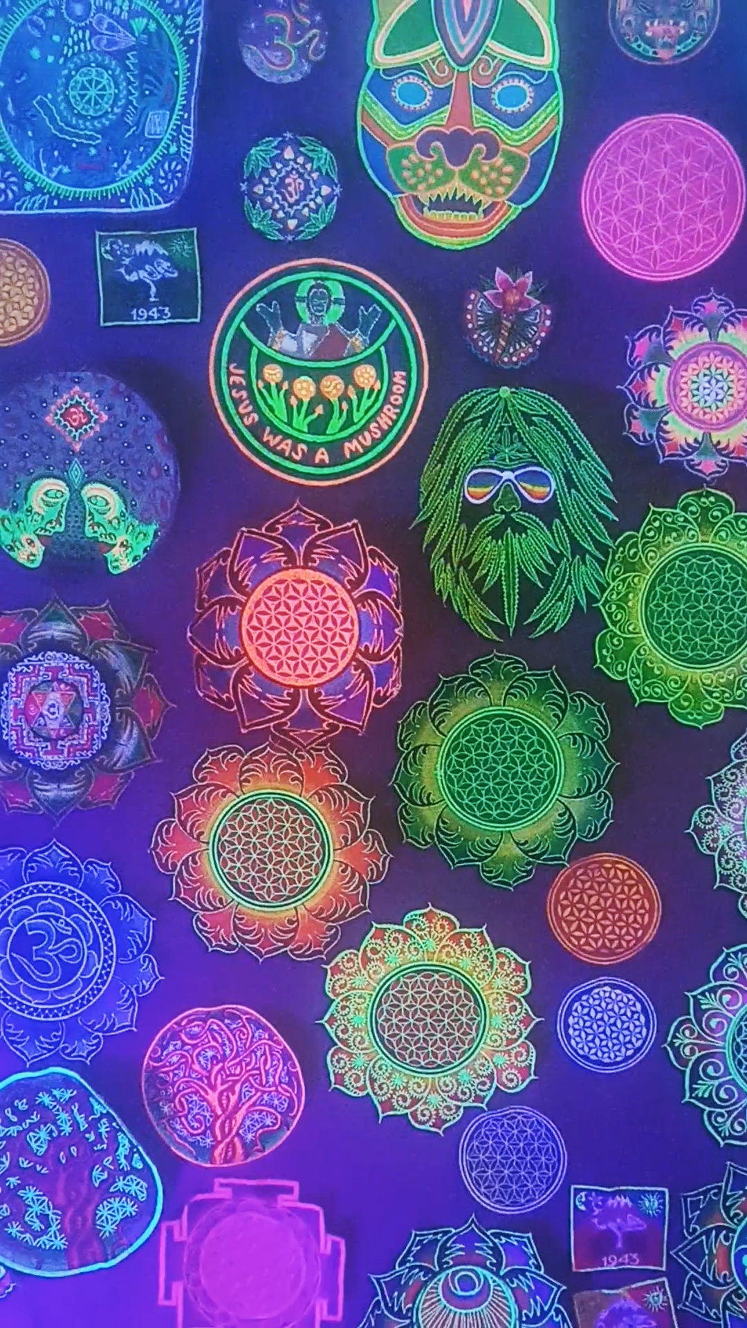 UV orange purple Flower of Life embroidery for sew on - holy geometry sacred blacklight glowing patch