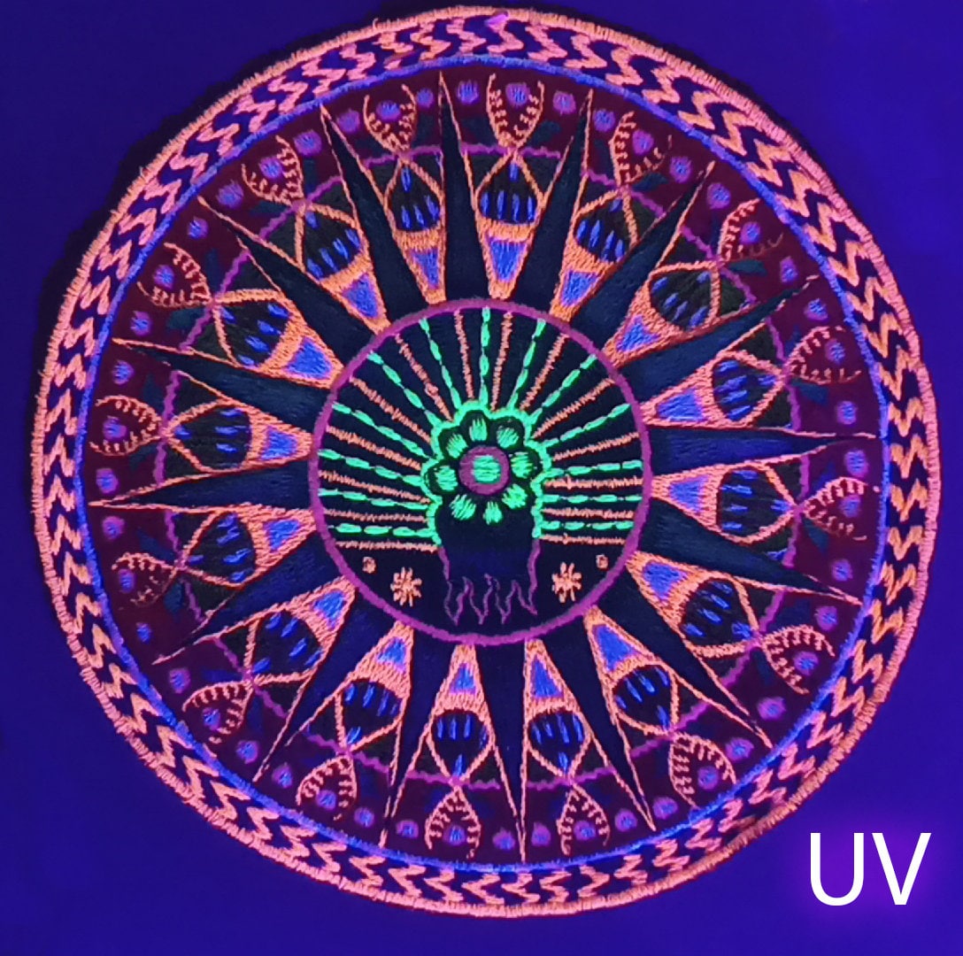 Peyote Mandala T-Shirt huichol tribal hikuri shaman design blacklight handmade embroidery no print