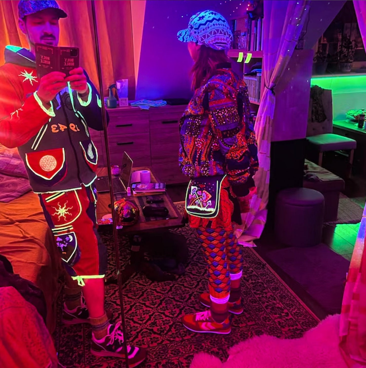 Albert Hofmann Bicycle Day UV jacket - handmade in any size - blacklight active 4 pockets with hoody and flower of life embroidery