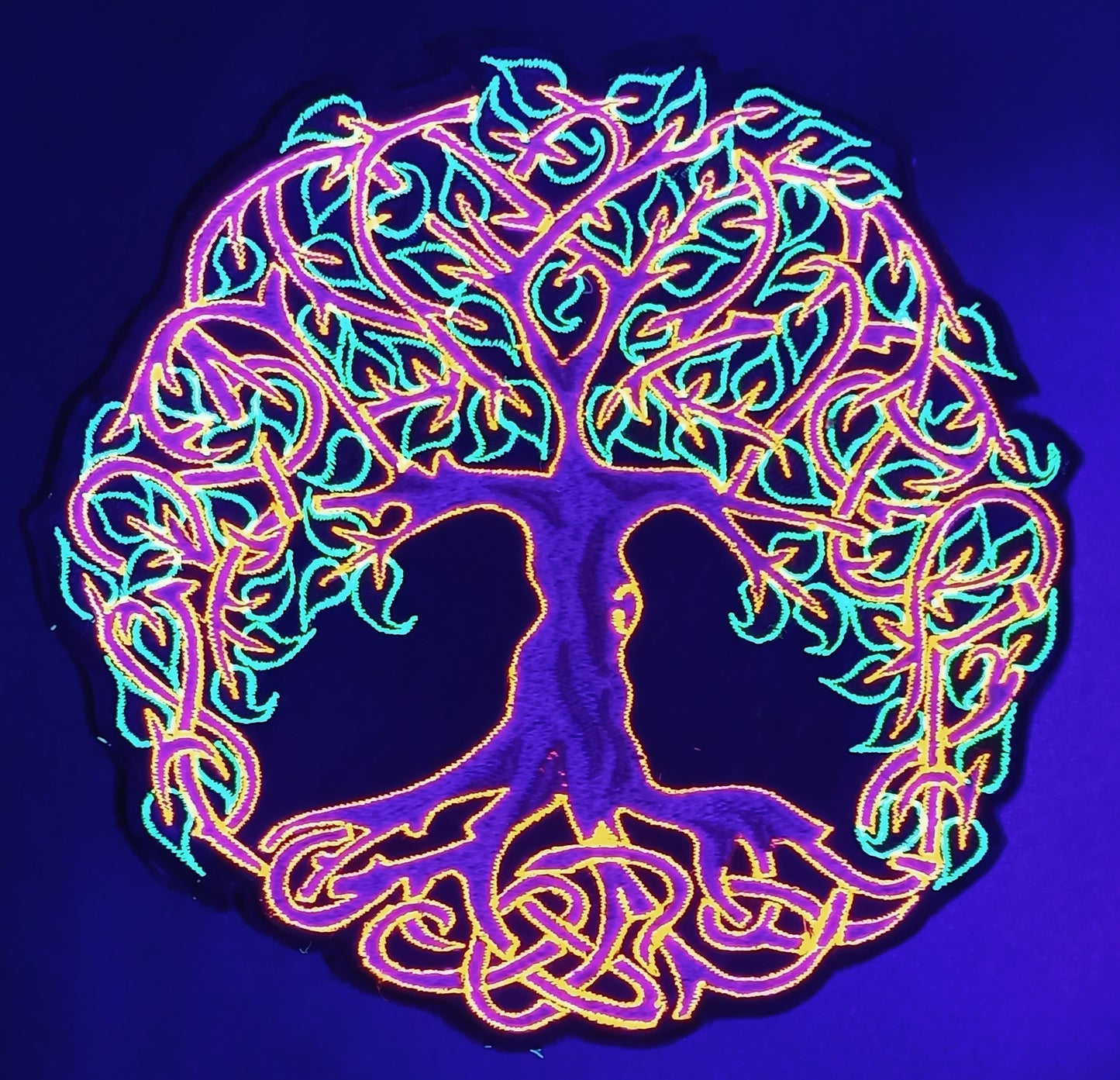 Celtic Tree of Knowledge embroidery art patch blacklight glowing uv active for sew on machine washable ironable druid artpiece