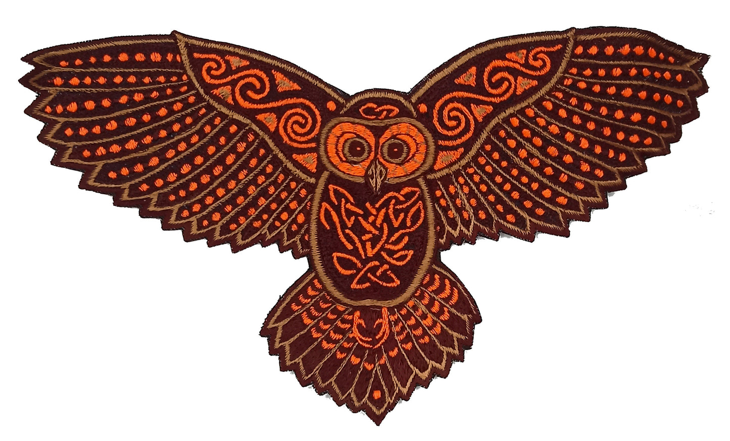 Celtic Owl Patch Embroidery with blacklight glowing UV colors - beautiful owl flies high and watches through the night of the magic forest
