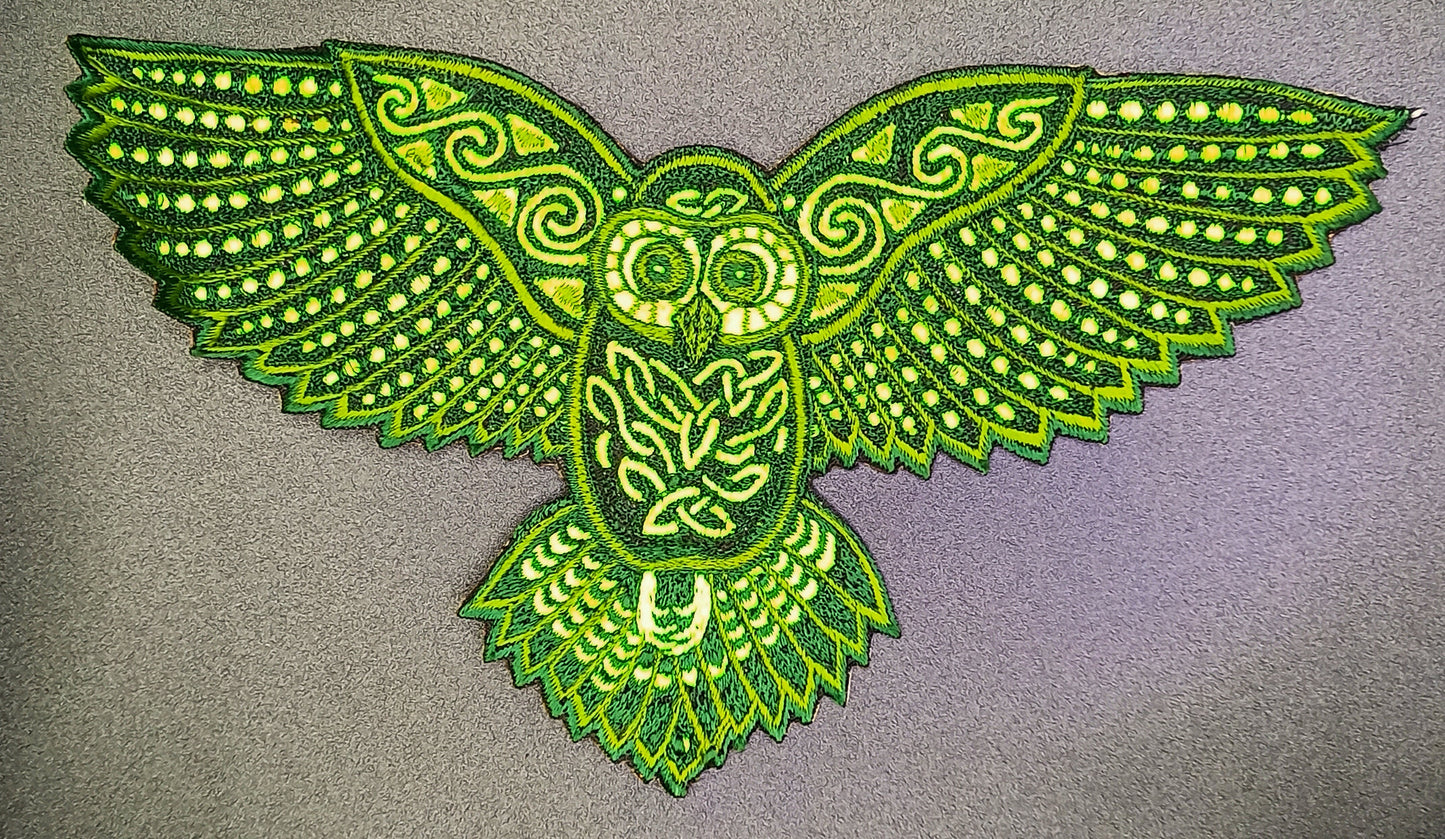 Celtic Owl Patch Embroidery with blacklight glowing UV colors - beautiful owl flies high and watches through the night of the magic forest