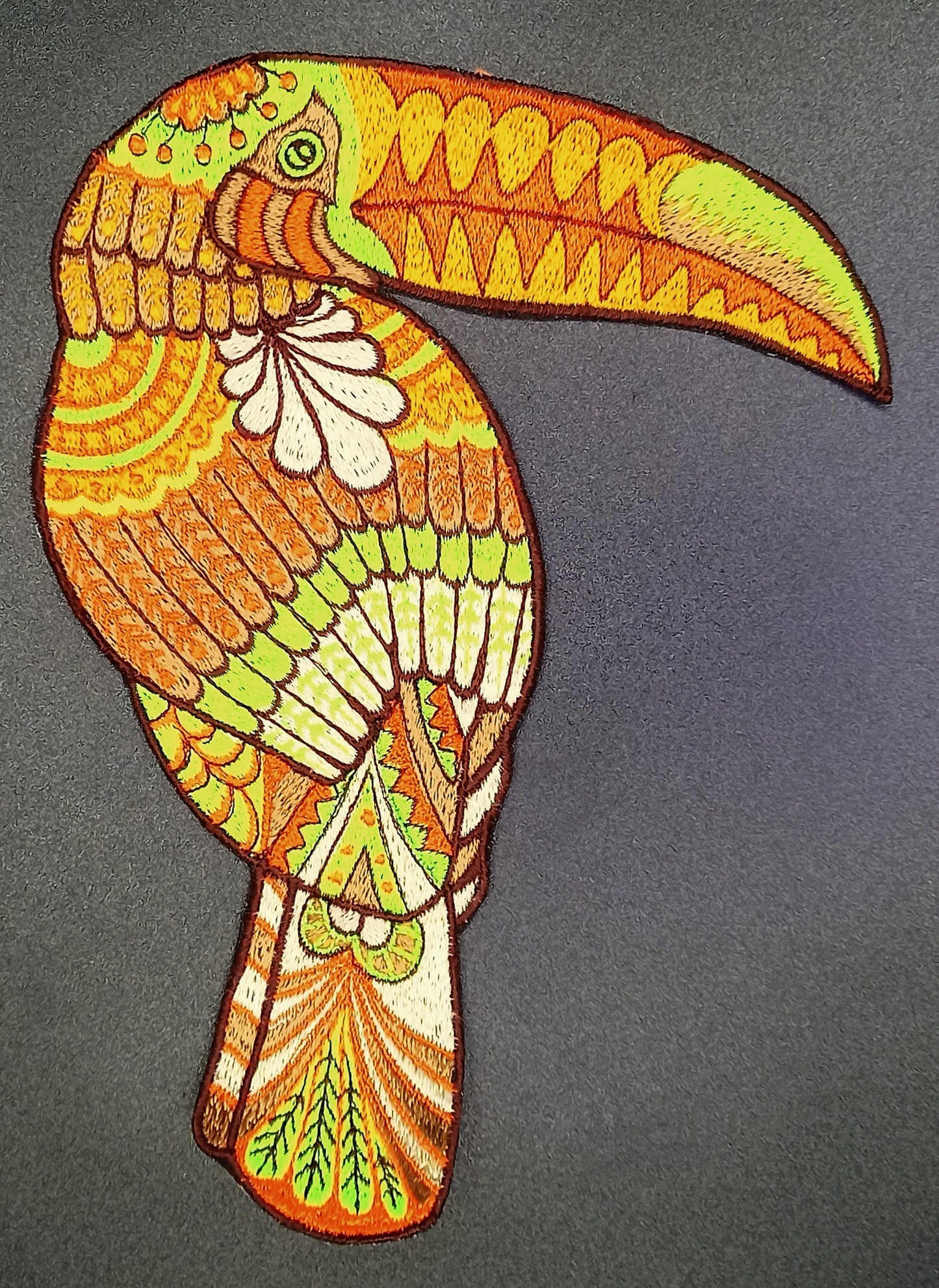 Psy Toucan UV Patch with blacklight glowing colors Animal Embroidery neon shining beautiful paradise bird artpiece offering beauty and love