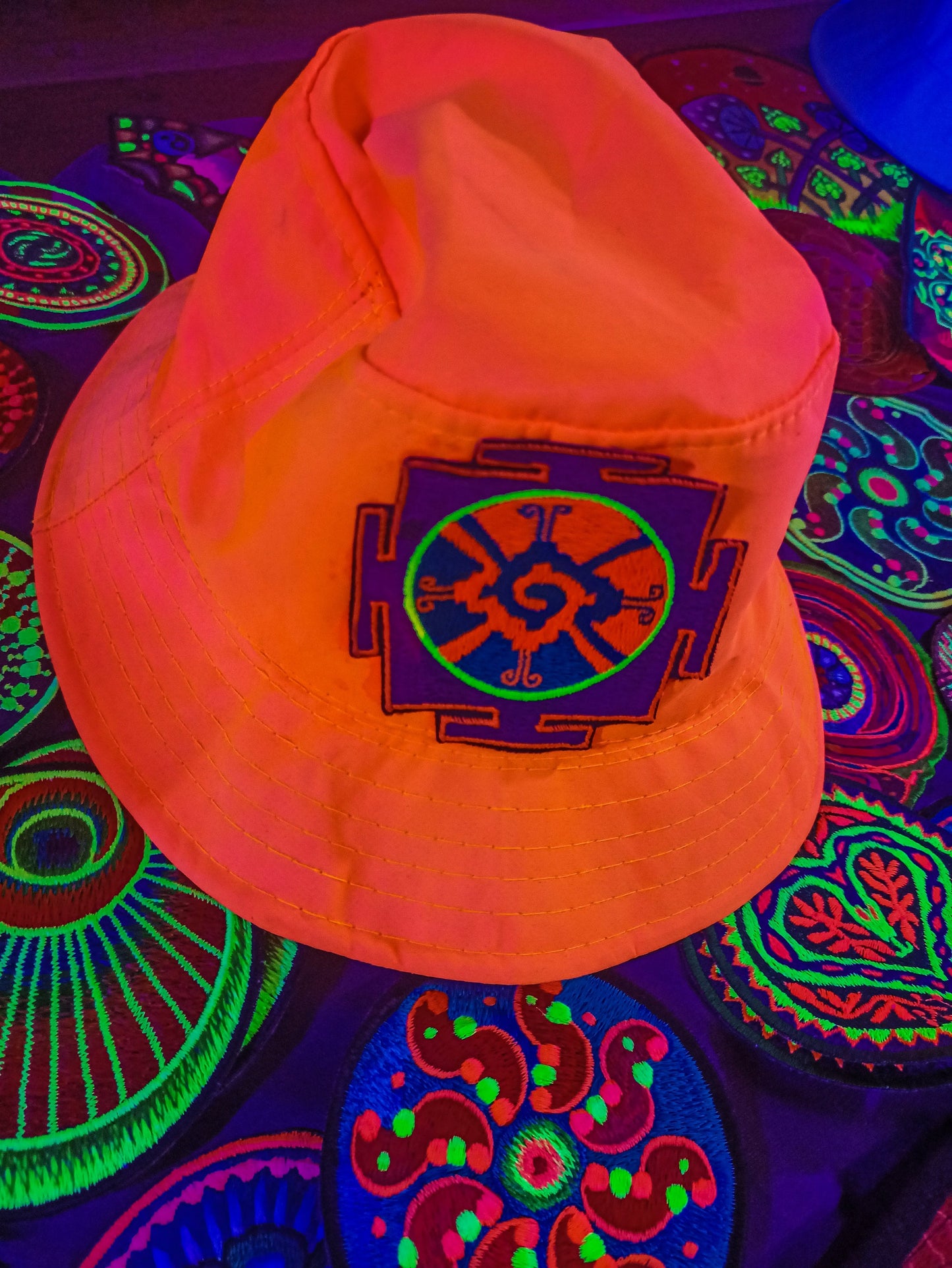 Hunab Ku UV Orange Fisher Hat blacklight glowing with embroidery patch sacred center of galaxy the one god Unity of Dualism Maya Calendar