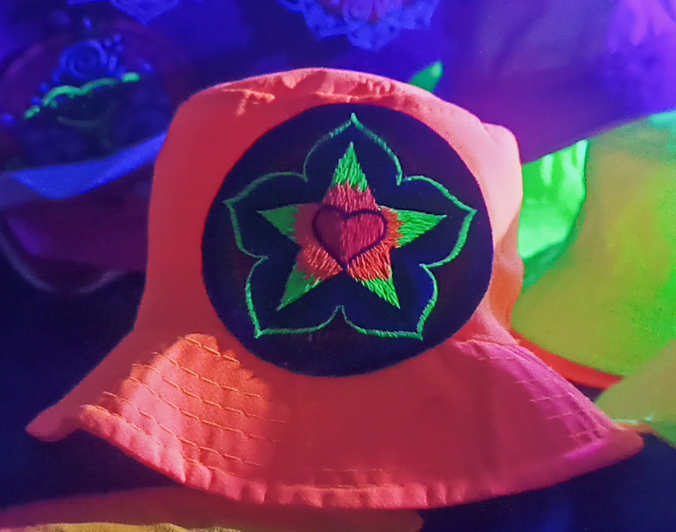 Starseed Love Heart  UV Orange Fisher Hat blacklight glowing with embroidery patch psychedelic trance goatrance hippie fisherhat Lotus Heart