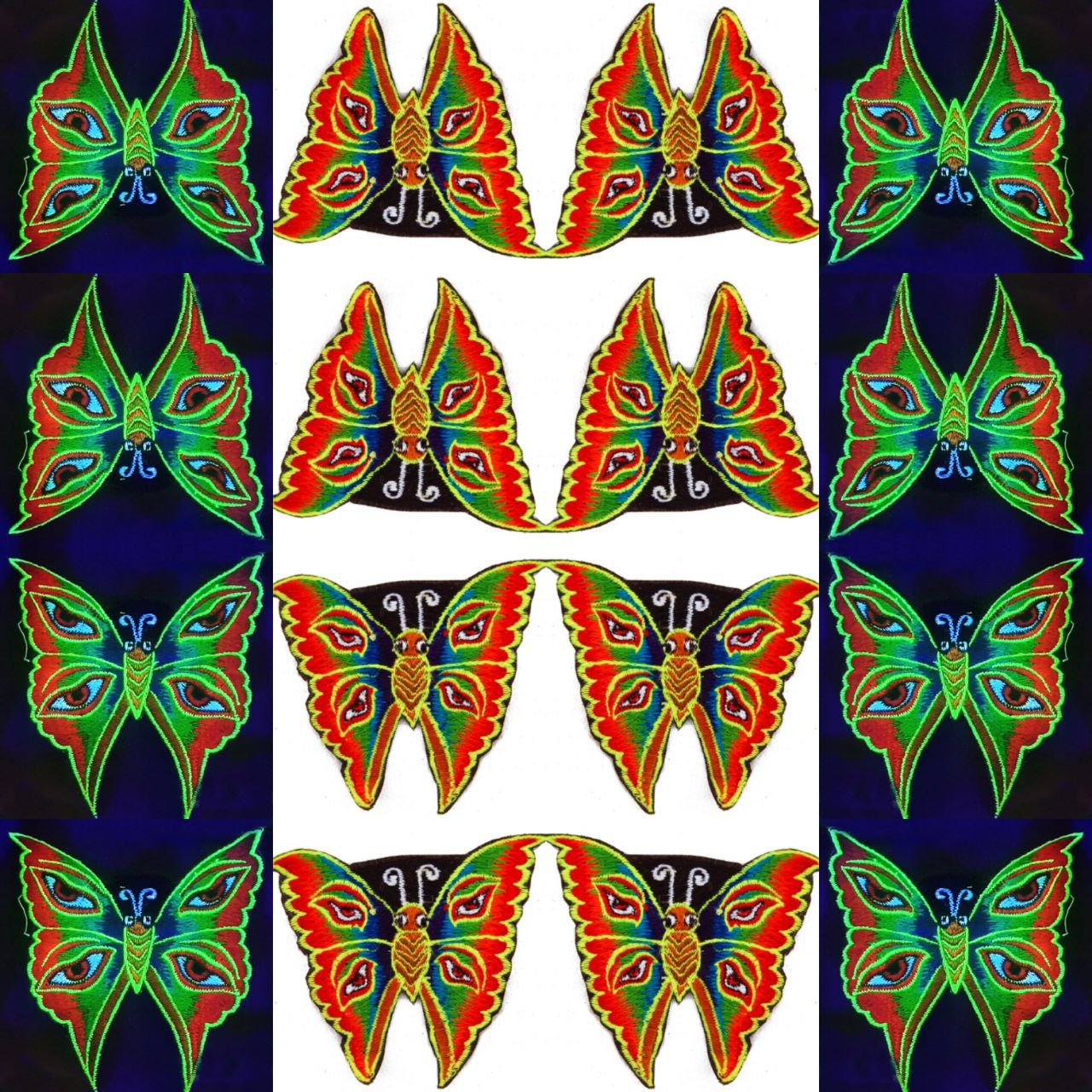 Rainbow Butterfly Buddha Eyes embroidery patch small size Goa Trance psychedelic consciousness beauty Psytrance Art handmade blacklight UV