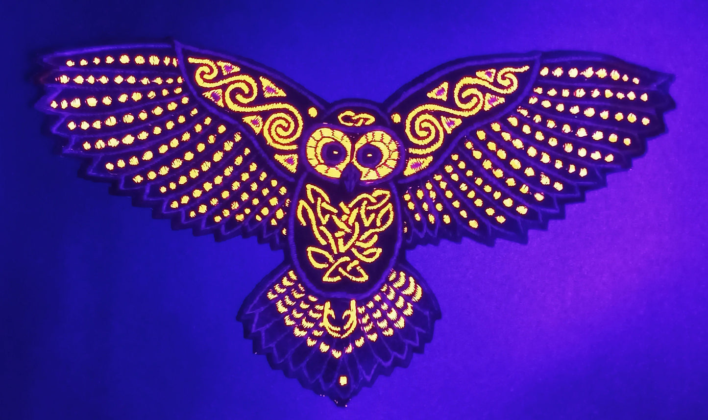 Celtic Owl Patch Embroidery with blacklight glowing UV colors - beautiful owl flies high and watches through the night of the magic forest