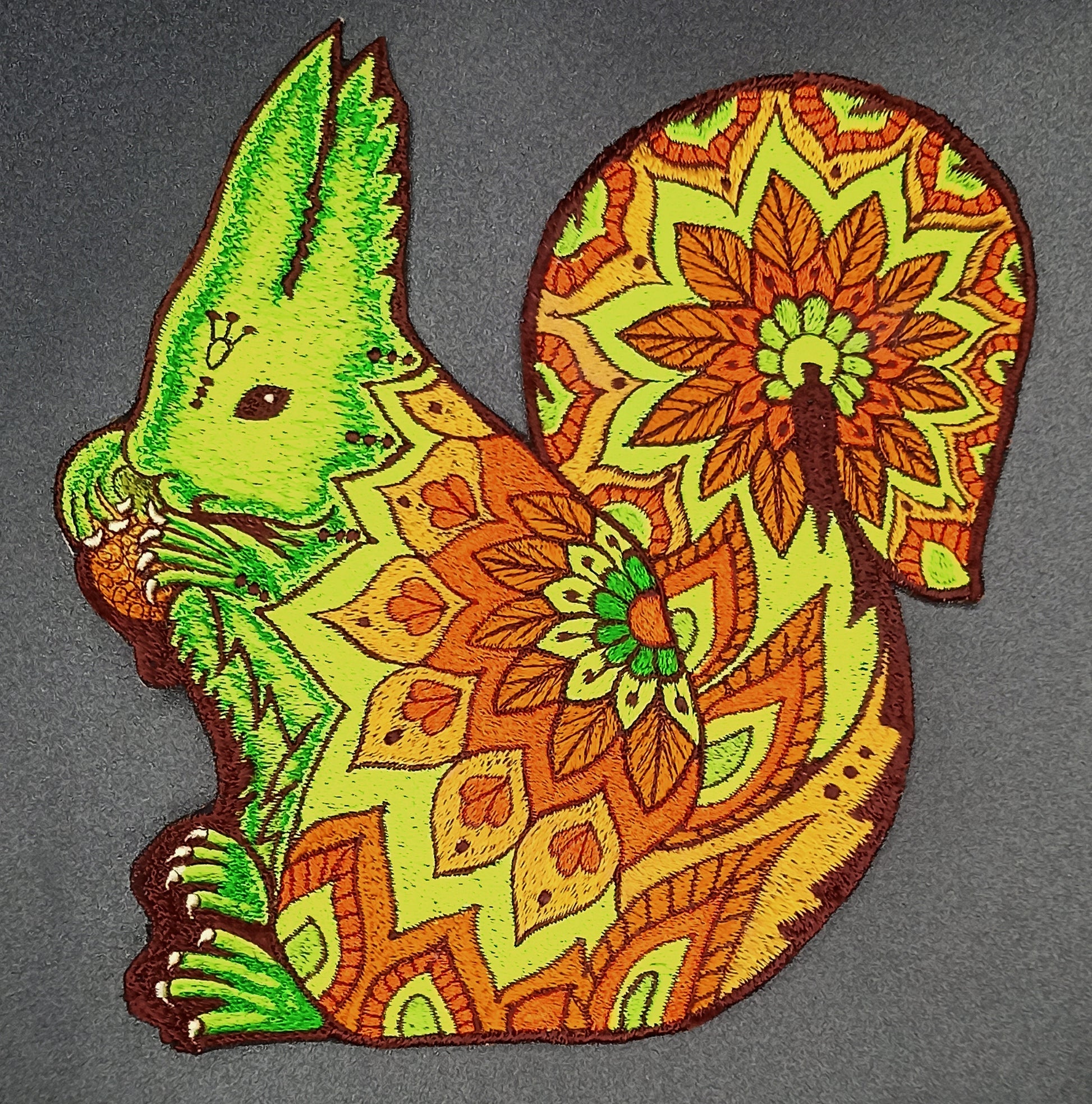 Psychedelic Squirrel UV Patch with blacklight glowing colors - Animal Embroidery neon shining beautiful and friendly spirit of the forest