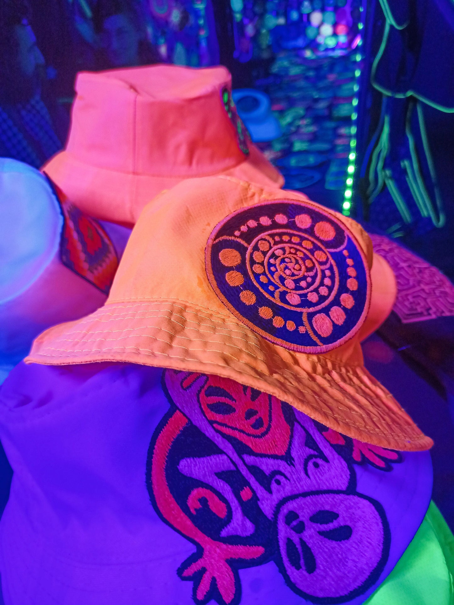 Attributes Crop Circle Fisher Hat UV blacklight glowing with embroidery patch sacred geometry alien art extraterrestrial beauty psychedelic
