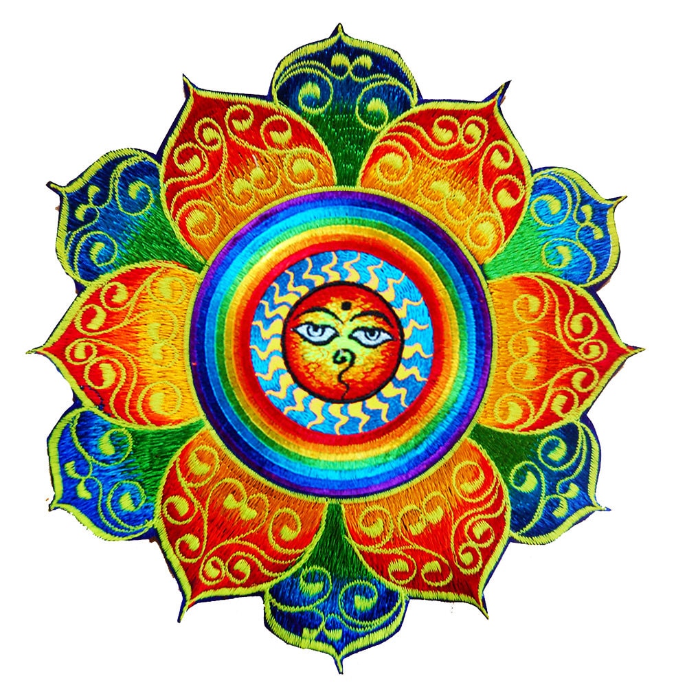 Rainbow Sun with Buddha Eyes colourful mandala patch buddhist yellow sun
