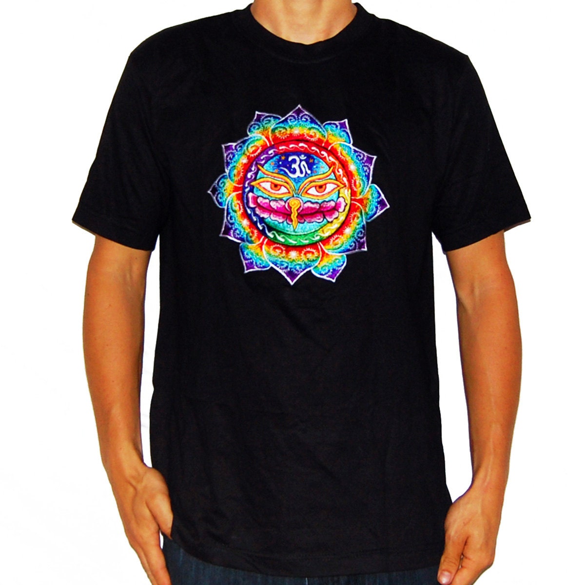 Eyes of Buddha T-Shirt blacklight aum buddhism rainbow embroidery no print goa t-shirt